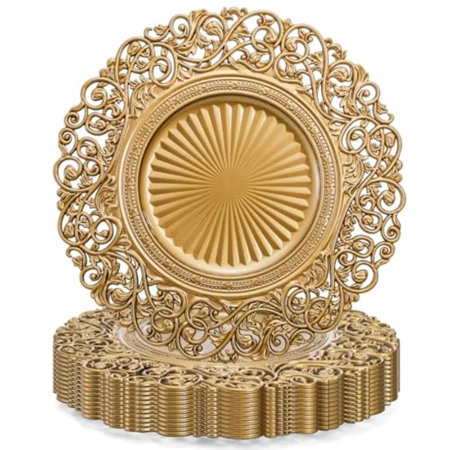 Foraineam Gold Charger Plates Set of 12 13" Round Plastic Dinner Chargers Decorative Hollowed Out Flowers Serving Plates for Ta