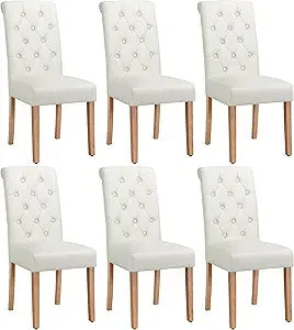 Dining Chair Set, 6 Upholstered Fabric Chairs, Button-up Tufted High Backs, Solid Wood Legs, Modern Style, Beige