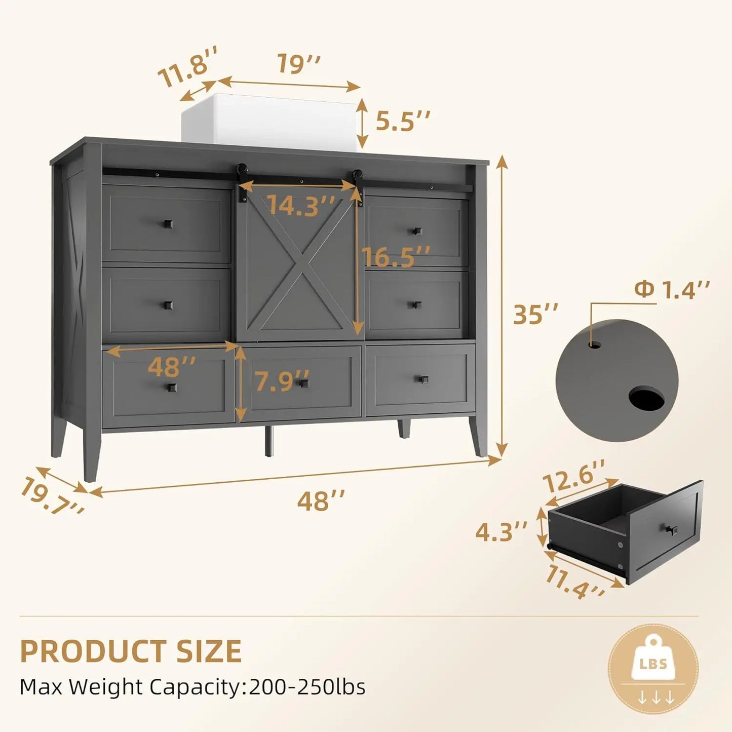 48 Inch Bathroom Vanity with Sink Ceramic, Freestanding Cabinet with Farmhouse Sliding Barn Door, Space-Saving Storage Cabinet