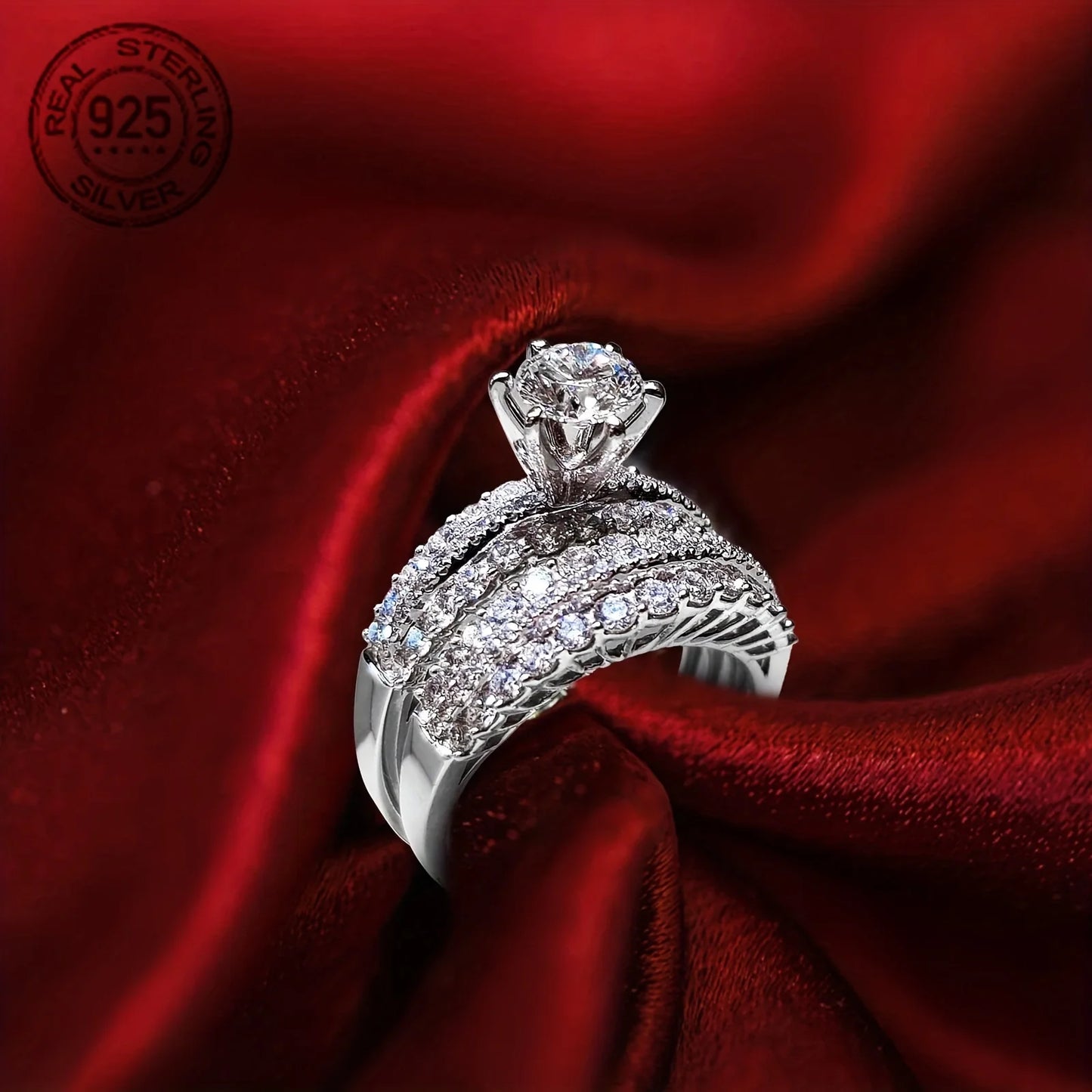 Luxurious 925 Silver Rings Set For Women 14K White Gold Plated Exquisite 5A Zircon Inlay Female Wedding Bridal Finger Ring
