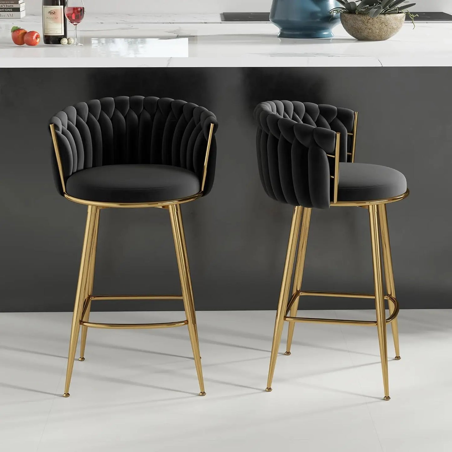 Gold Bar Stools Set of 2, Velvet Hand-Woven Barstools, Seat Height 27″ Counter Stools with Upholstered Backrest, Modern Luxuriou