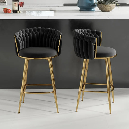 Gold Bar Stools Set of 2, Velvet Hand-Woven Barstools, Seat Height 27″ Counter Stools with Upholstered Backrest, Modern Luxuriou