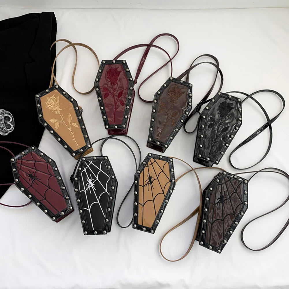 Women Coffin Satchel Purse Strap Adjustable Gothic Coin Purse PU Leather Spider Coffin Bag Y2K Cellphone Bag Halloween Candy Bag