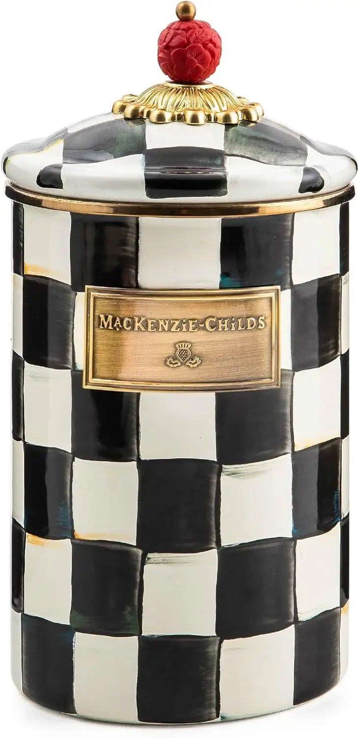 Large Enamel Canister for Kitchen Storage, 1.89L Black-White Check Design, Ideal for Flour and Sugar