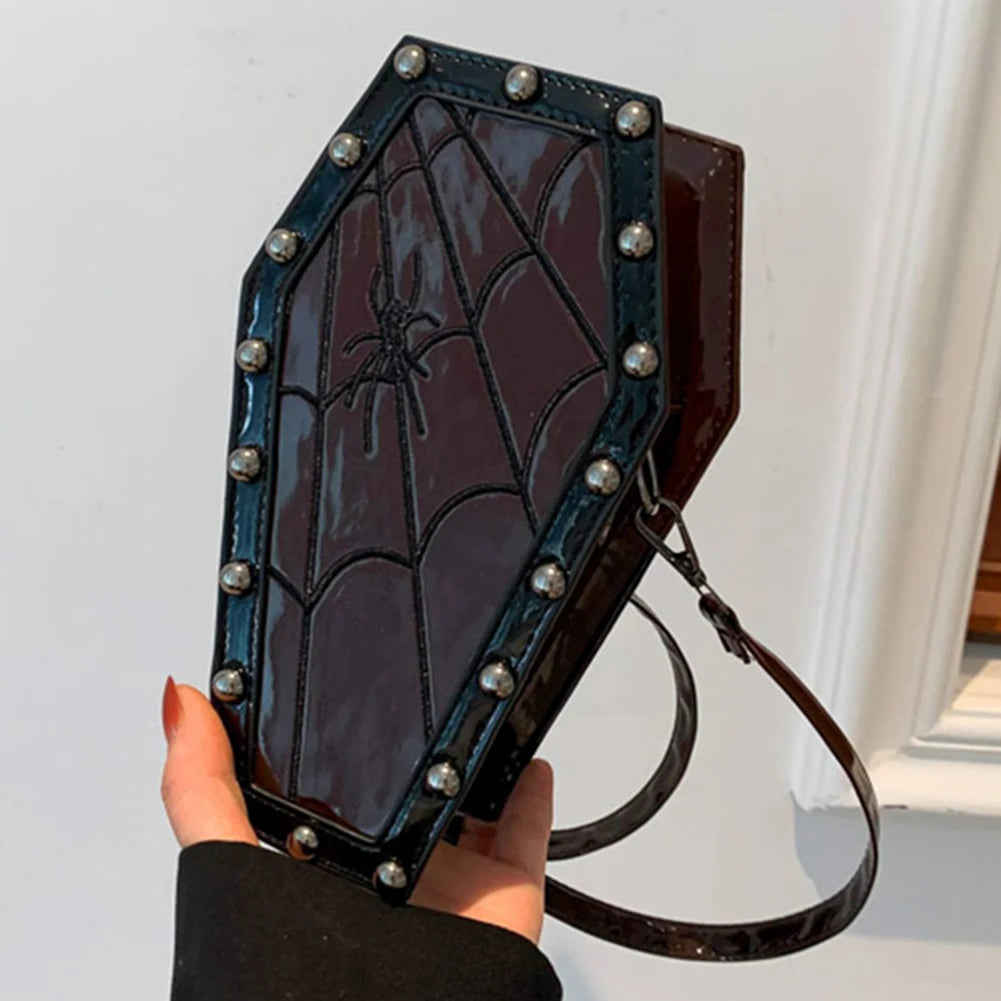 Women Coffin Satchel Purse Strap Adjustable Gothic Coin Purse PU Leather Spider Coffin Bag Y2K Cellphone Bag Halloween Candy Bag