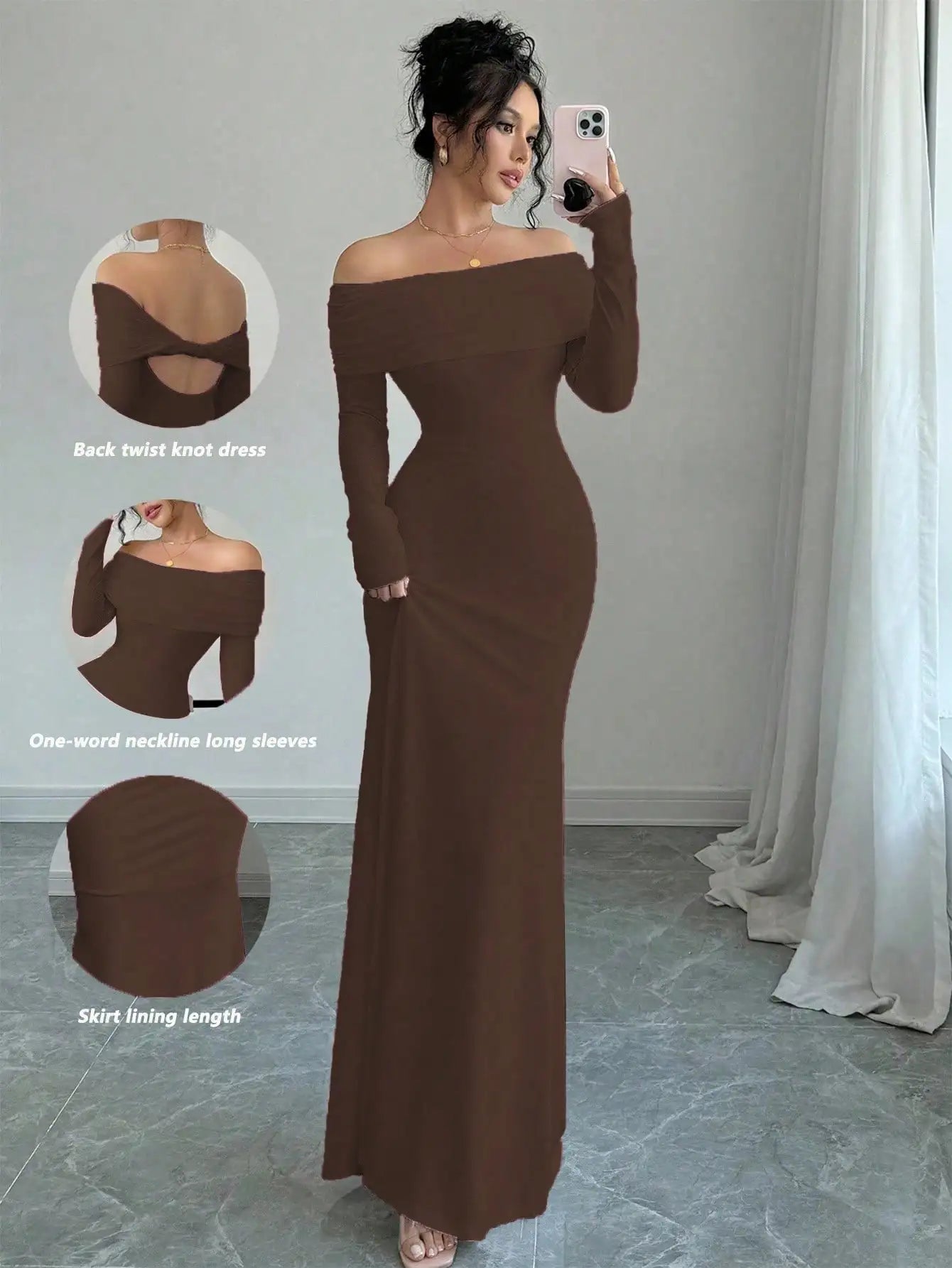 White Off-Shoulder Long Sleeve Maxi Dress with Back Twist Knot, Fitted Silhouette for Evening Events