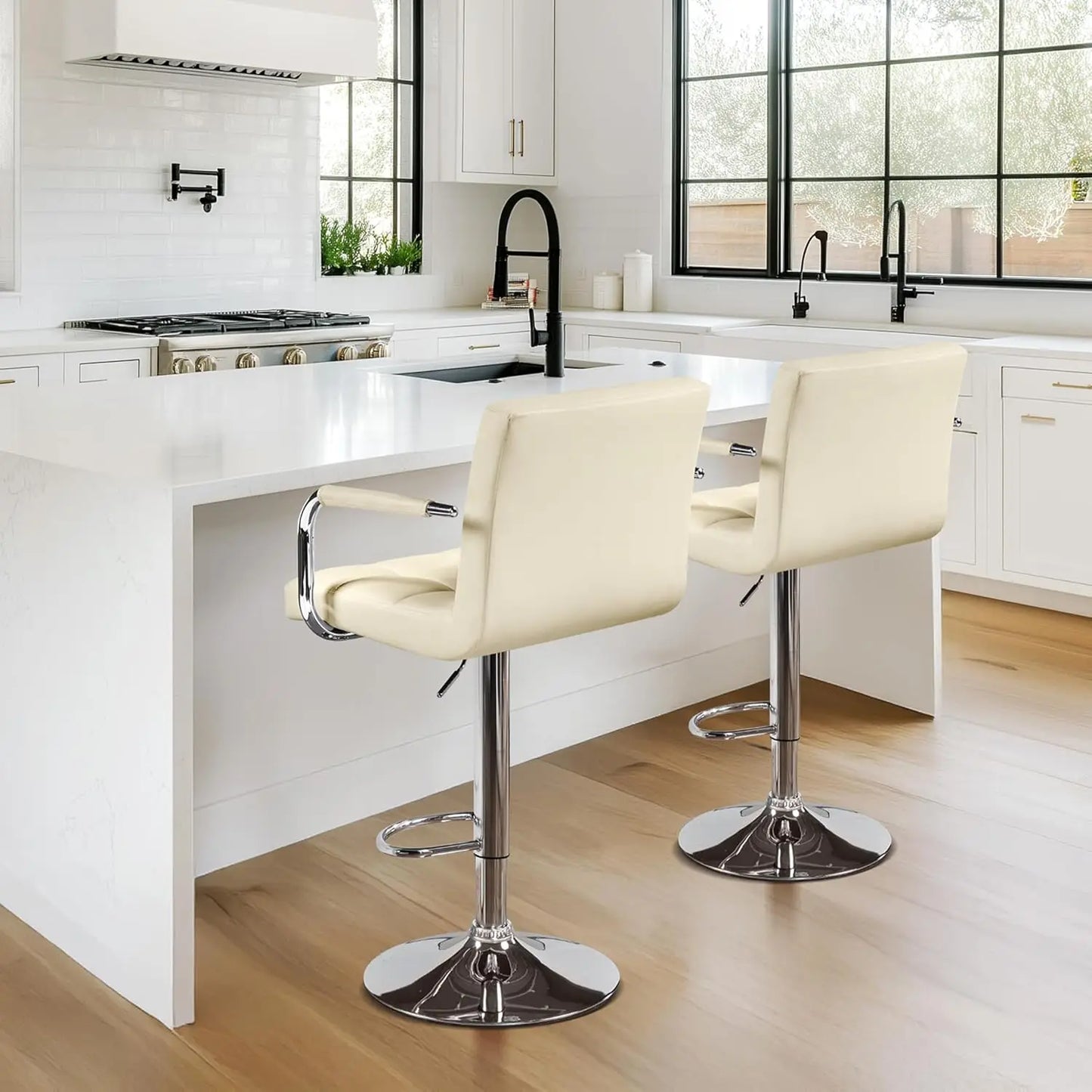 Bar Stools Set of 2, PU Leather Adjustable Swivel Barstools, Hydraulic Kitchen Counter Height Bar Chairs with Armrest and Bac