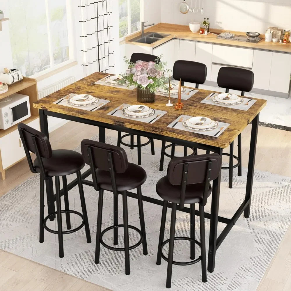 50" Dining Table Set for 6, 7-Piece Counter Height Bar Table Set with Upholstered Stools, Space-Saving Modern Pub Set