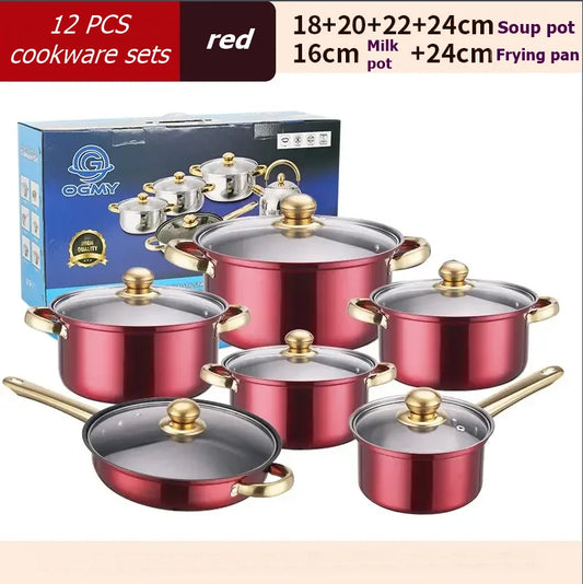 12PCS of Stainless Steel Colored Cookware Set Non-stick Pan Gold-plated Handle Soup Pot Milk Pot Pan Frying Pot Kitchenware