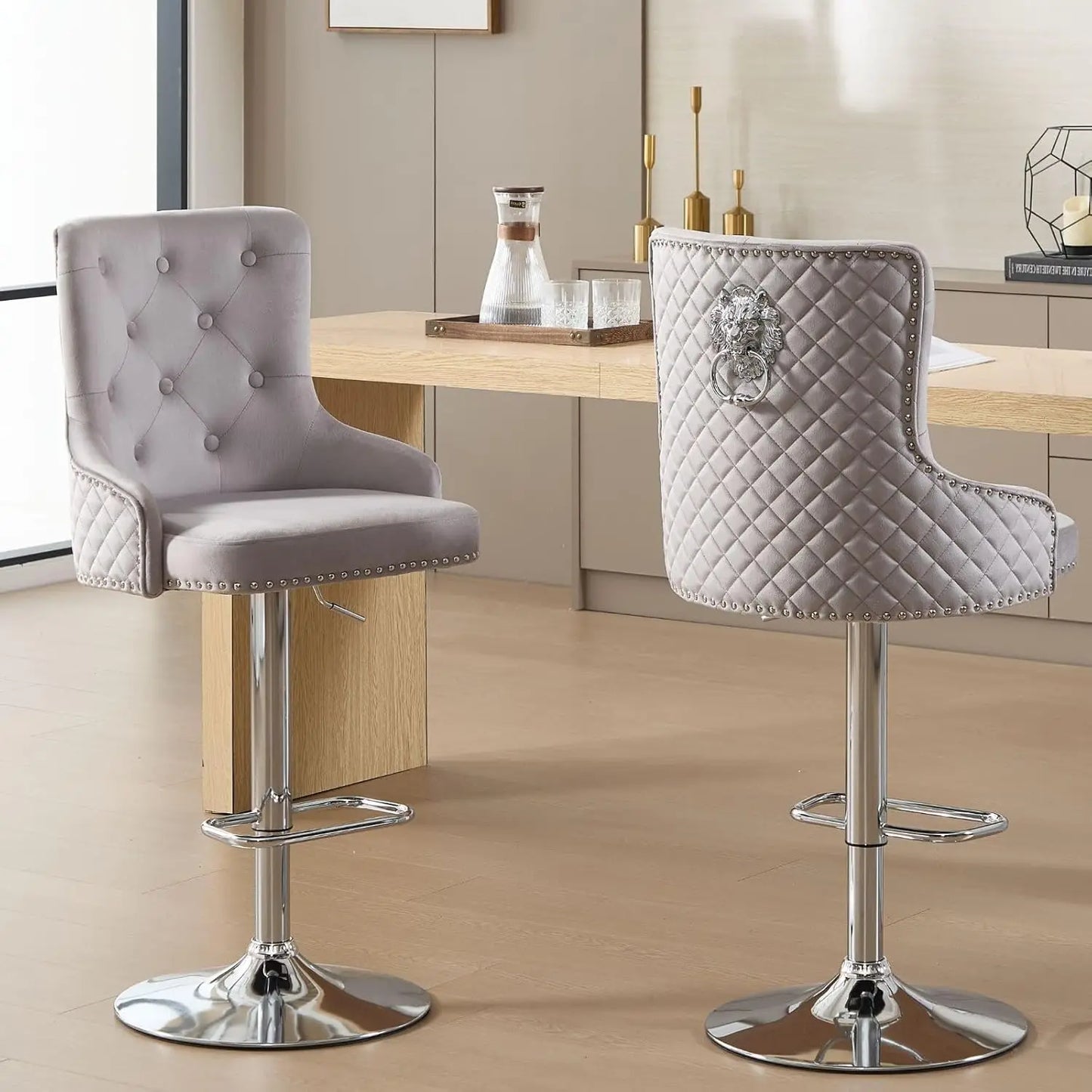 Gold Bar Stools Set of 4, Height Adjustable Velvet Island Chairs Upholstered Bar Height Chairs for Kitchen Counter, Cream