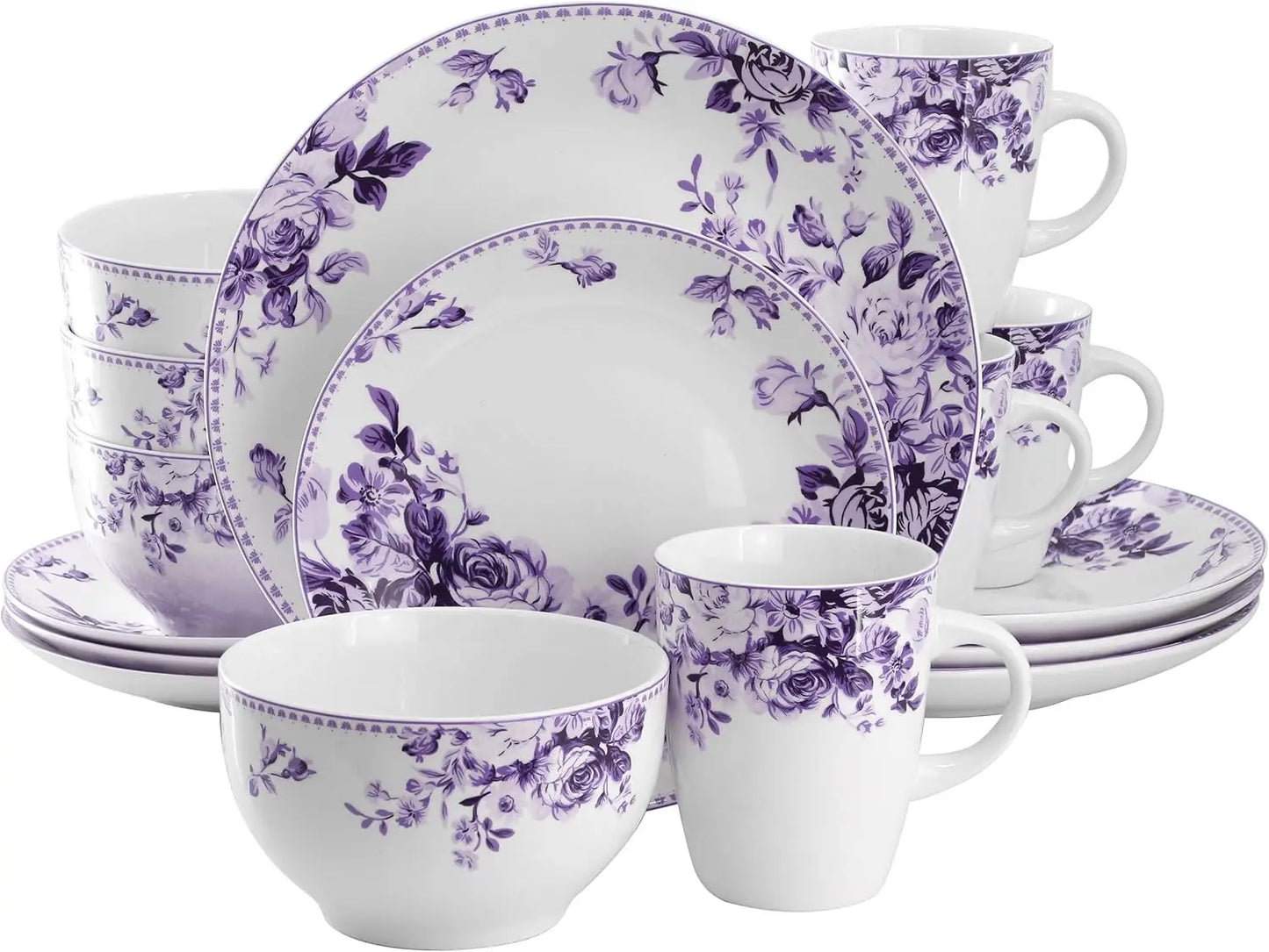 16-Piece Purple Stone Dinnerware Set for 4, Traditional Rose Design