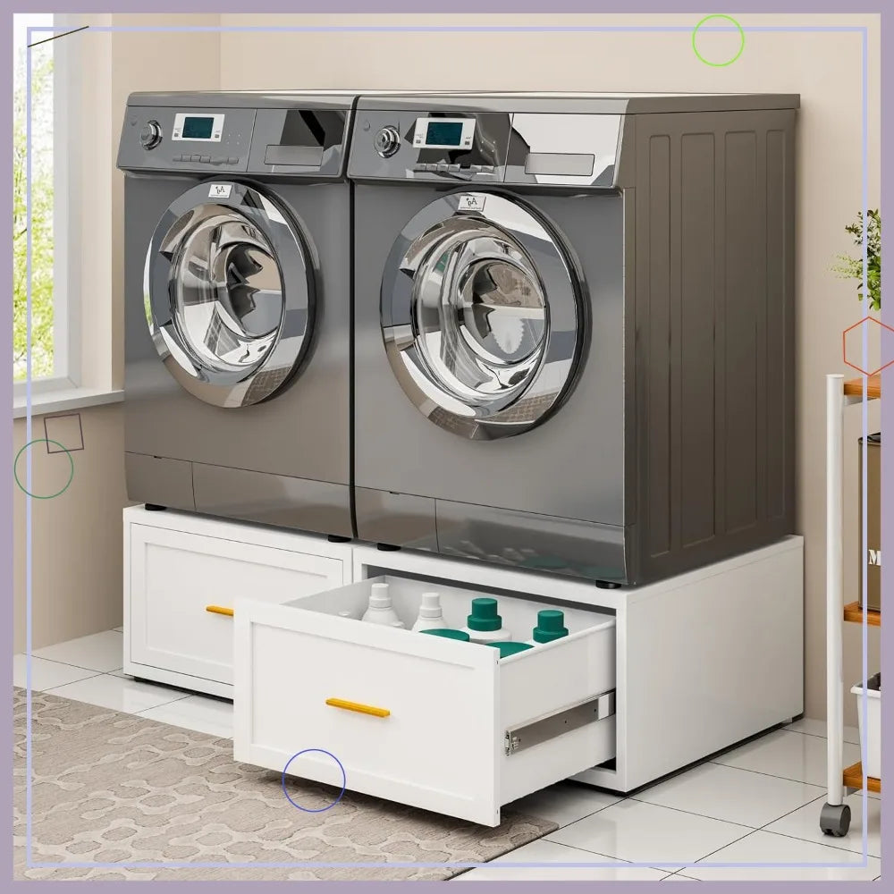 2 Pack Universal Laundry Pedestal 28" W 16" H with Drawer Heavy Duty Steel Washer Dryer Stand 440LBS Capacity