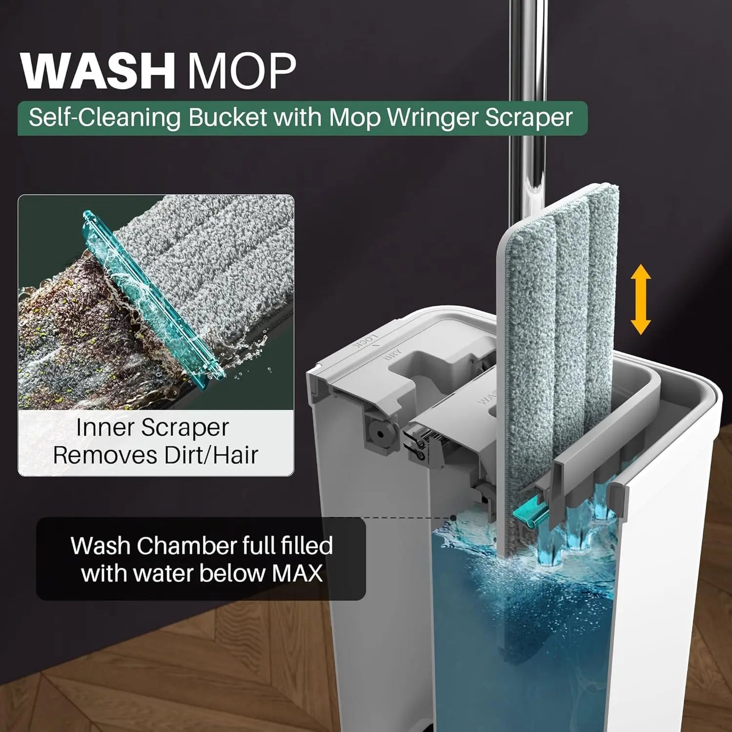 Flat Mop and Bucket Set with Wringer, 3 Reusable Microfiber Pads, Adjustable Handle for Easy Floor and Wall Cleaning