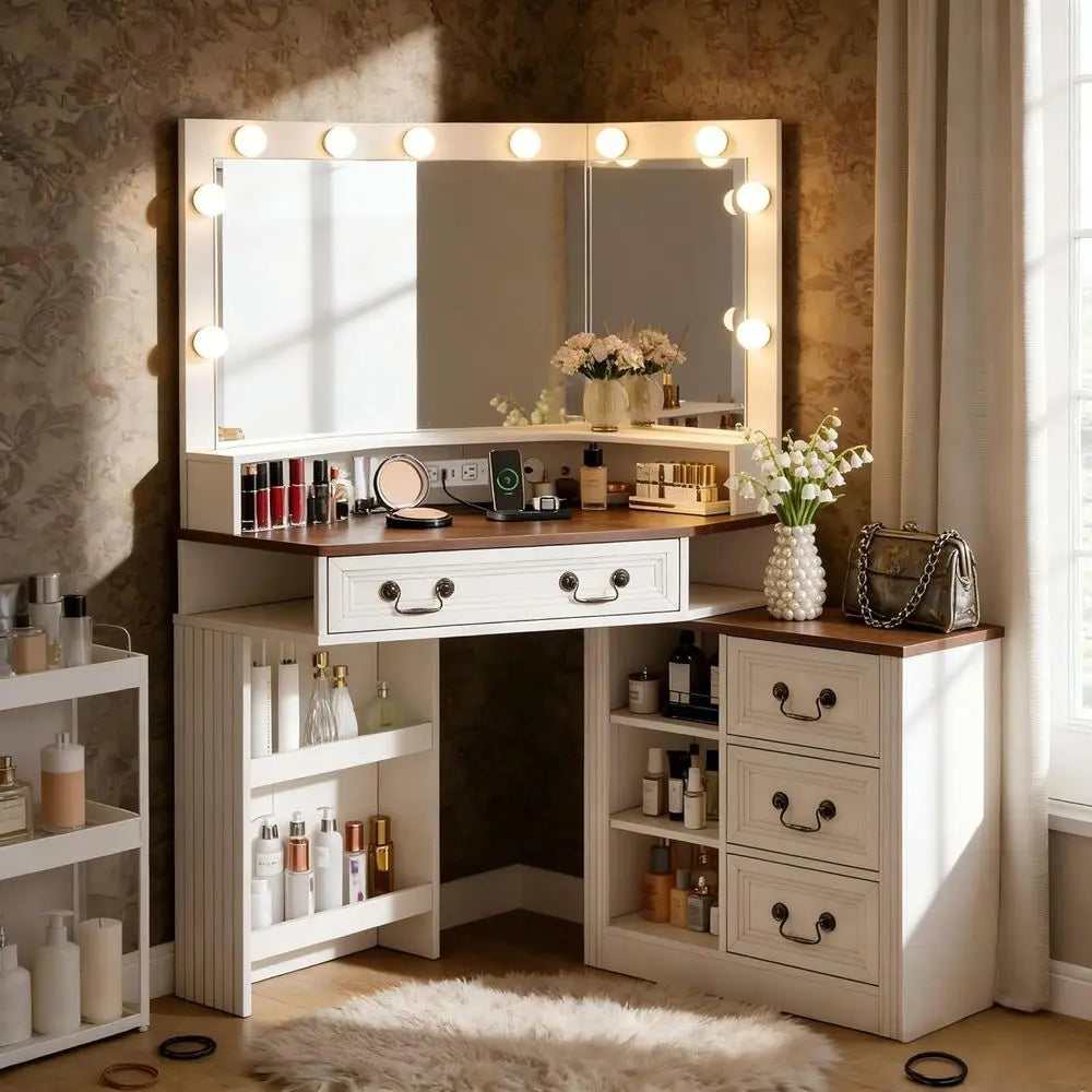 43 White Makeup Vanity Desk with 3-Way Mirror, Lights, Charging Station, and Storage