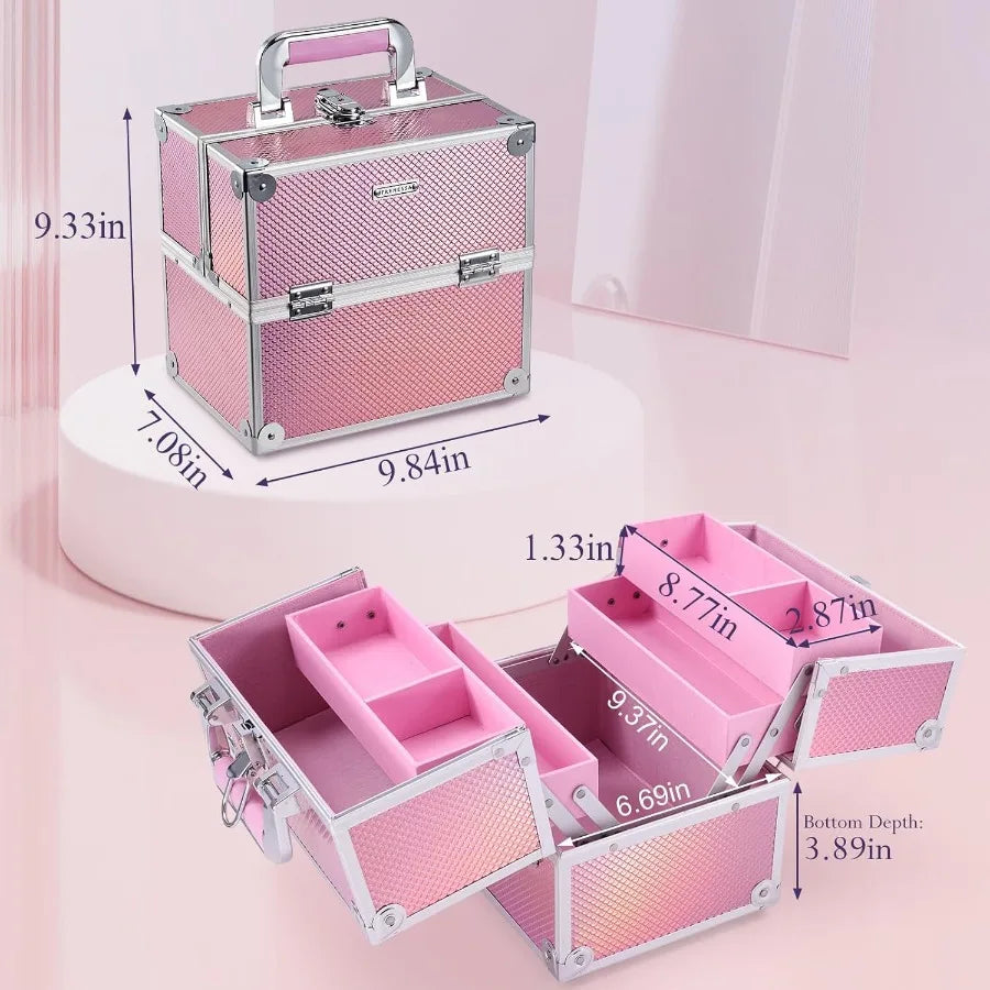 Portable Makeup Artist Travel Case with 4 Trays and Dividers for Cosmetics Storage Lockable Hard Case for Nail Tech Supplies Id