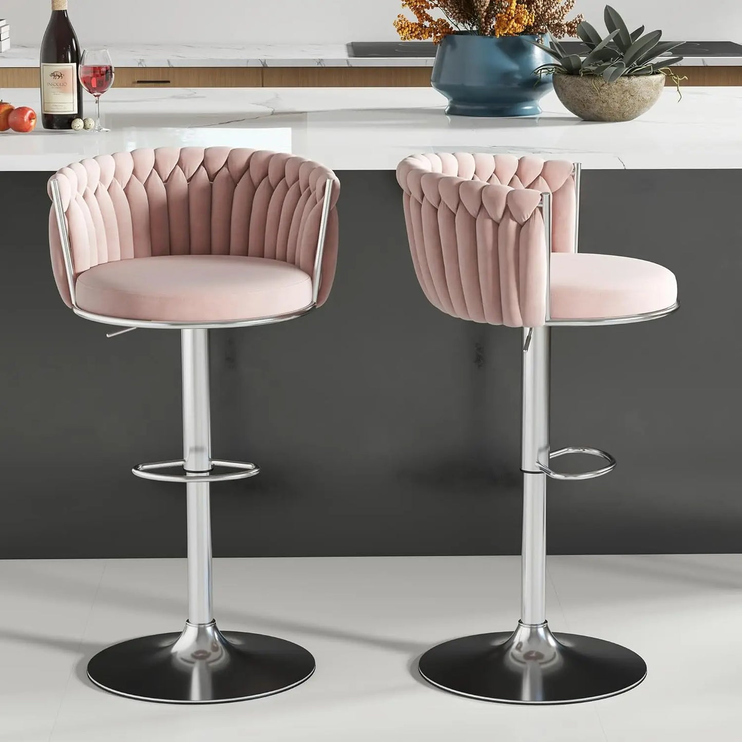 Gold Bar Stools Set of 2, Velvet Hand-Woven Barstools, Seat Height 27″ Counter Stools with Upholstered Backrest, Modern Luxuriou
