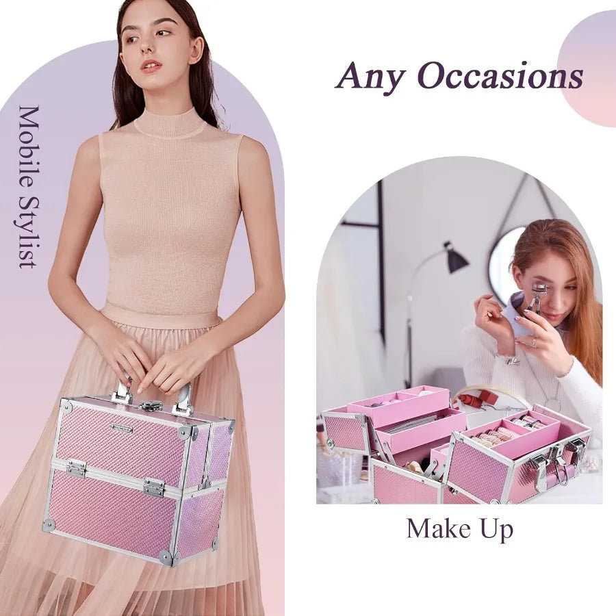 Portable Makeup Artist Travel Case with 4 Trays and Dividers for Cosmetics Storage Lockable Hard Case for Nail Tech Supplies Id