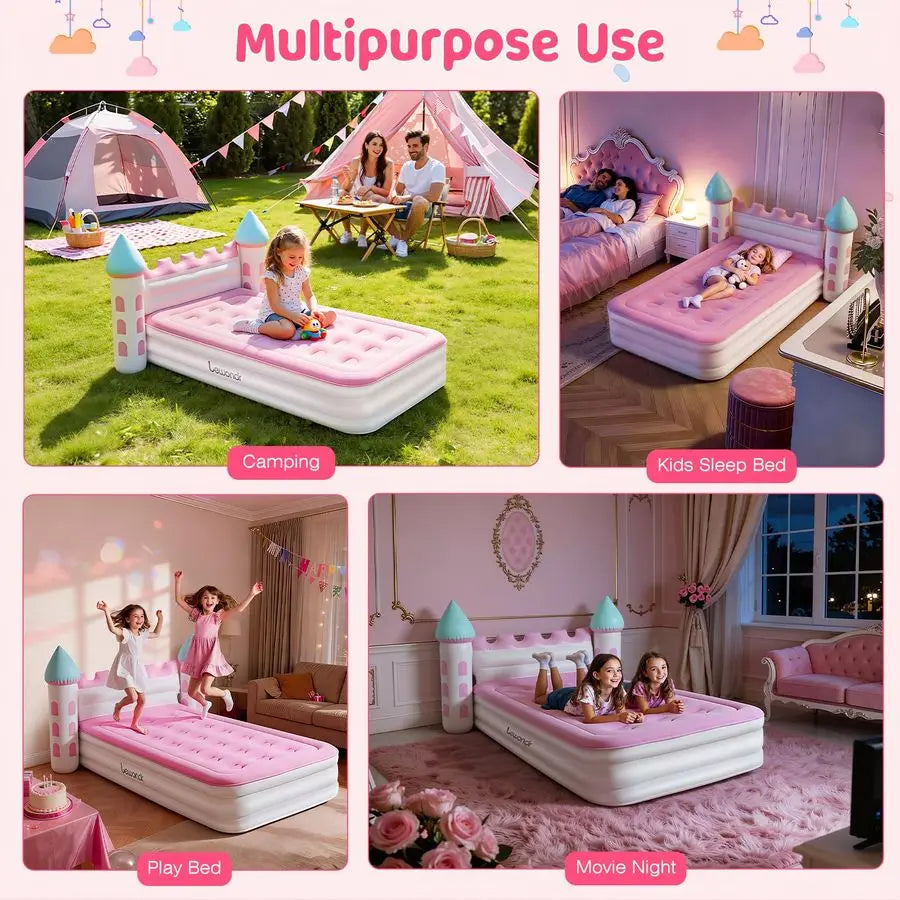 Inflatable Kids Bed, Pink Castle Toddler Travel Bed with Electric Air Pump, Kids Blow Up Mattress with Portable Storage Bag, Ki