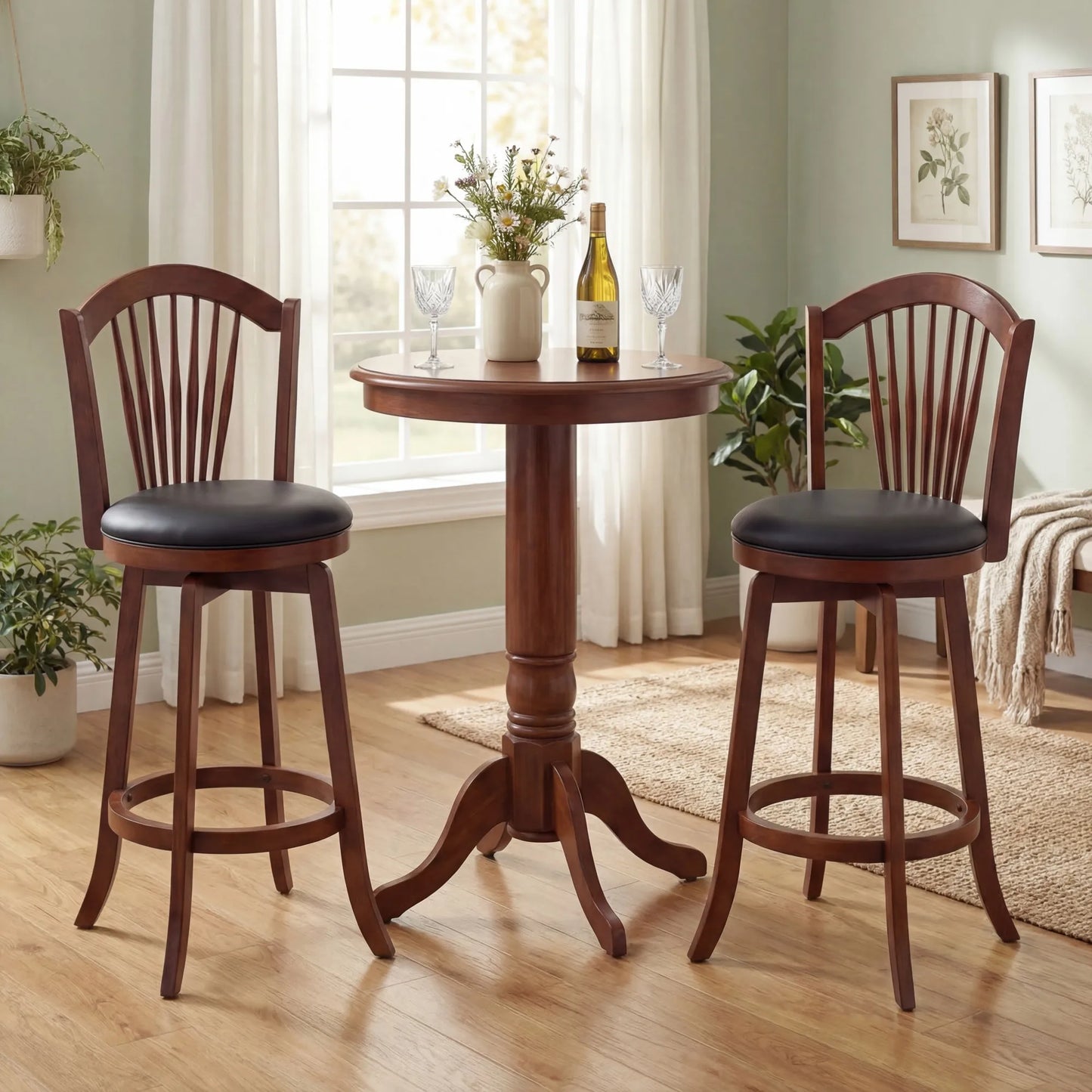 Swivel Bar Stools Set of 2, 31” Bar Height Barstools w/ Backrests & Wood Frame