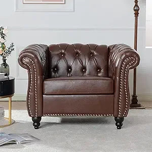 Leather Chesterfield Chair, Mid-Century Modern Single Sofa Chair, Tufted Upholstered Rolled Armchair for Home Bedroom Reading R