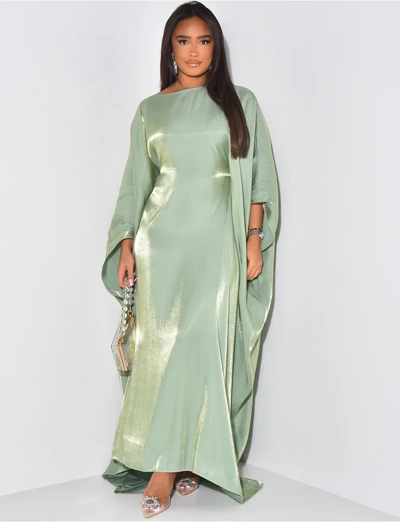 BWQ Women Loose O-neck Full Batwing Sleeve Long Maxi Dress Summer Satin Vintage Africa Streetwear Vestido Evening Dresses