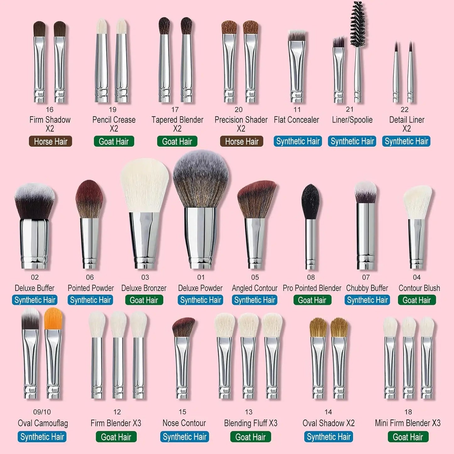 34Pcs Deluxe Real Goat Hair Makeup Brushes Set with Large Holder, Professional Labeled Natural Pony Hair
