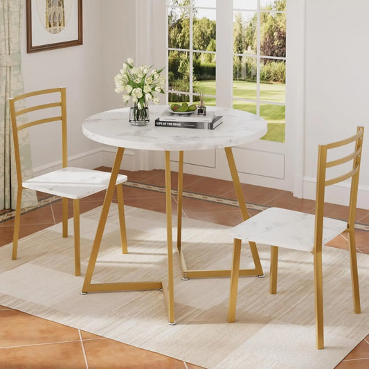 Small Round Dining Table Set for 2, Wood Top with Metal Frame, Modern Kitchen Breakfast Nook in White & Gold