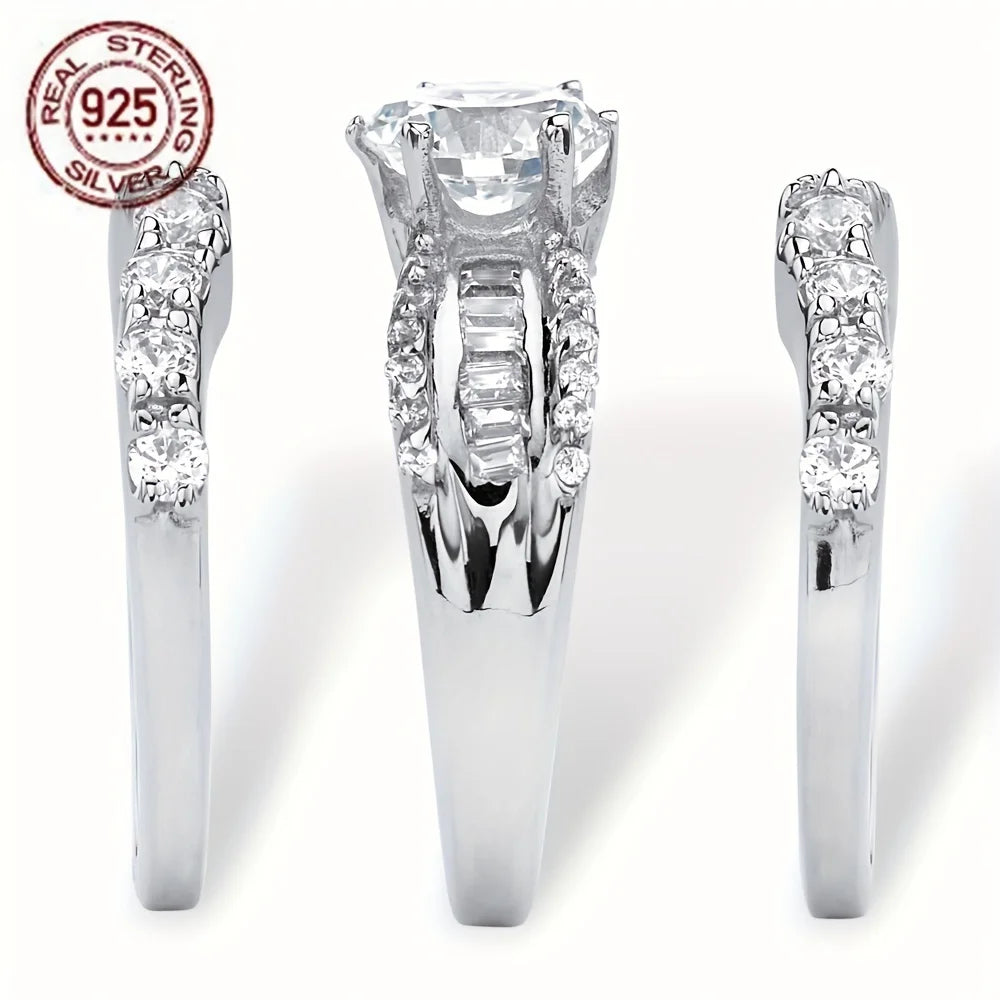 Set of 3 Luxurious Women's Wedding Rings Made Of 925 Silver And Synthetic Zirconia