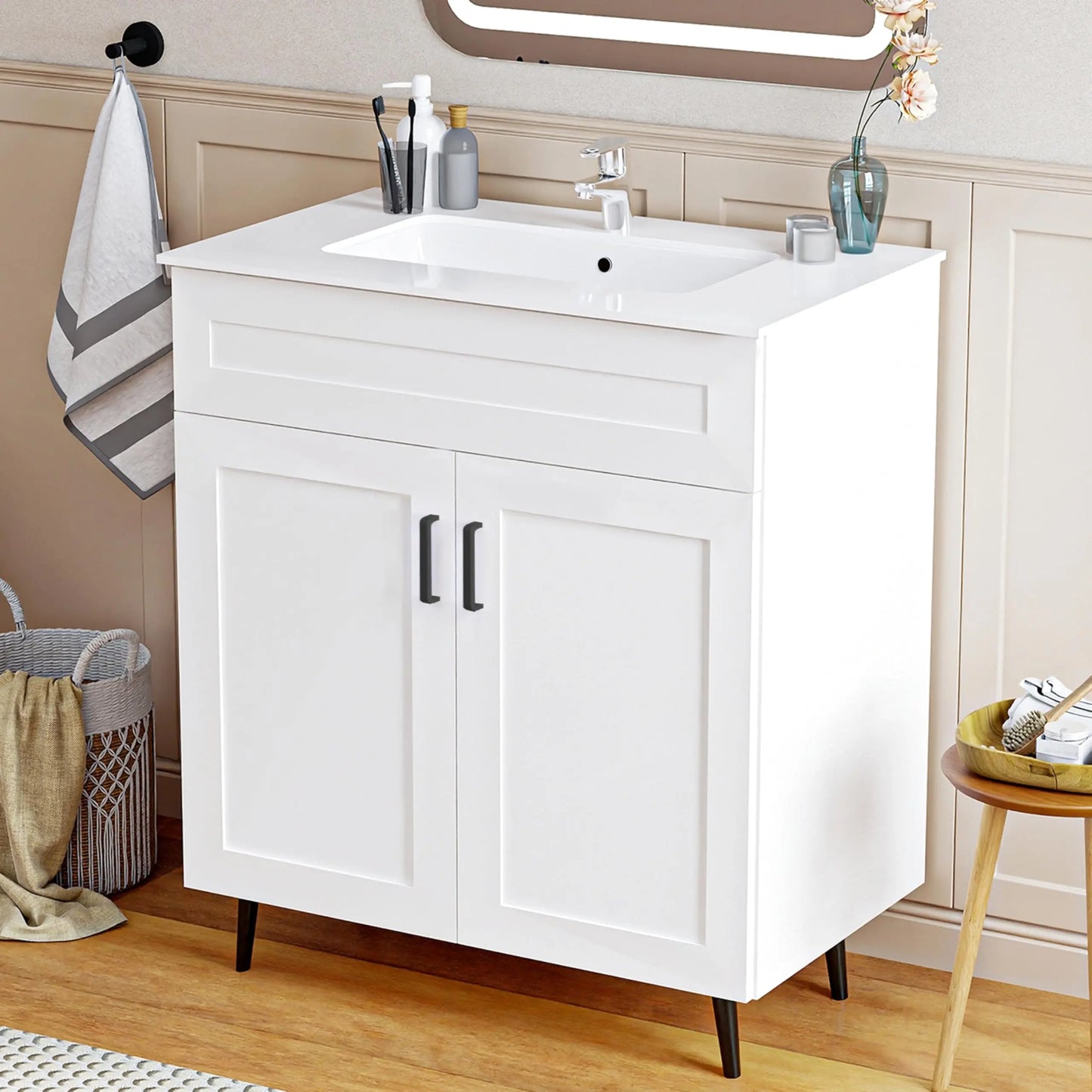 30 Inch Bathroom Vanity with Sink, Modern Bathroom Vanity with Ceramic Basin and Countertop, Easy Assembly