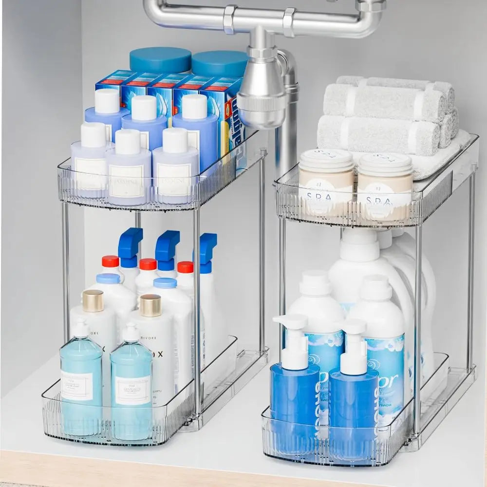 2 Pack Large Pull Out Bathroom Organizers and Storage, 2 Tier 12.8 Tall Sliding Kitchen Under Sink Organizer, Clear Acrylic Bath