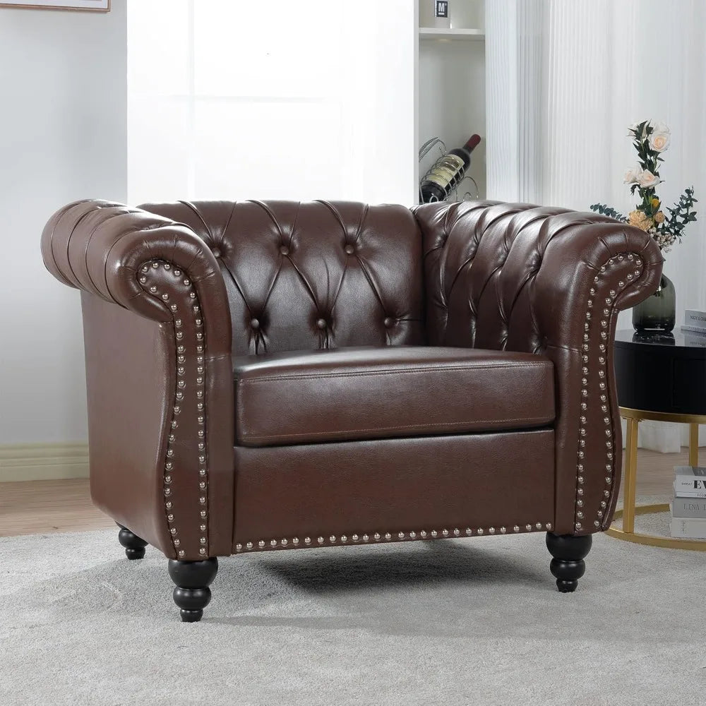 Leather Chesterfield Chair, Mid-Century Modern Single Sofa Chair, Tufted Upholstered Rolled Armchair for Home Bedroom Reading R