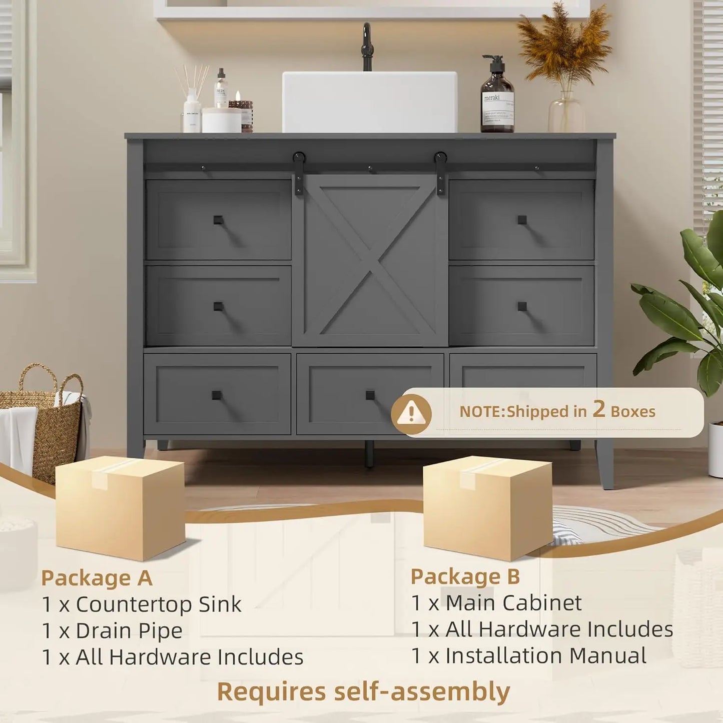 48 Inch Bathroom Vanity with Sink Ceramic, Freestanding Cabinet with Farmhouse Sliding Barn Door, Space-Saving Storage Cabinet