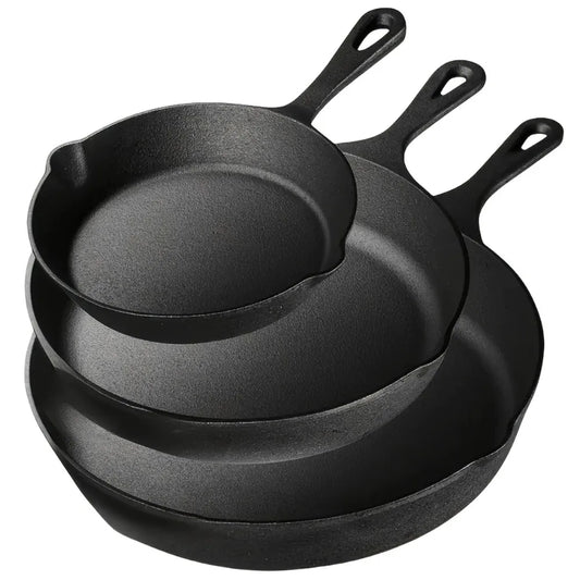 3PCS Cast Iron Skillet Set (6/8/10 Inch)  Pre-Seasoned, Heavy-Duty Pans for Oven, Grill & Campfire, Even Heat, Non-Stick Surface