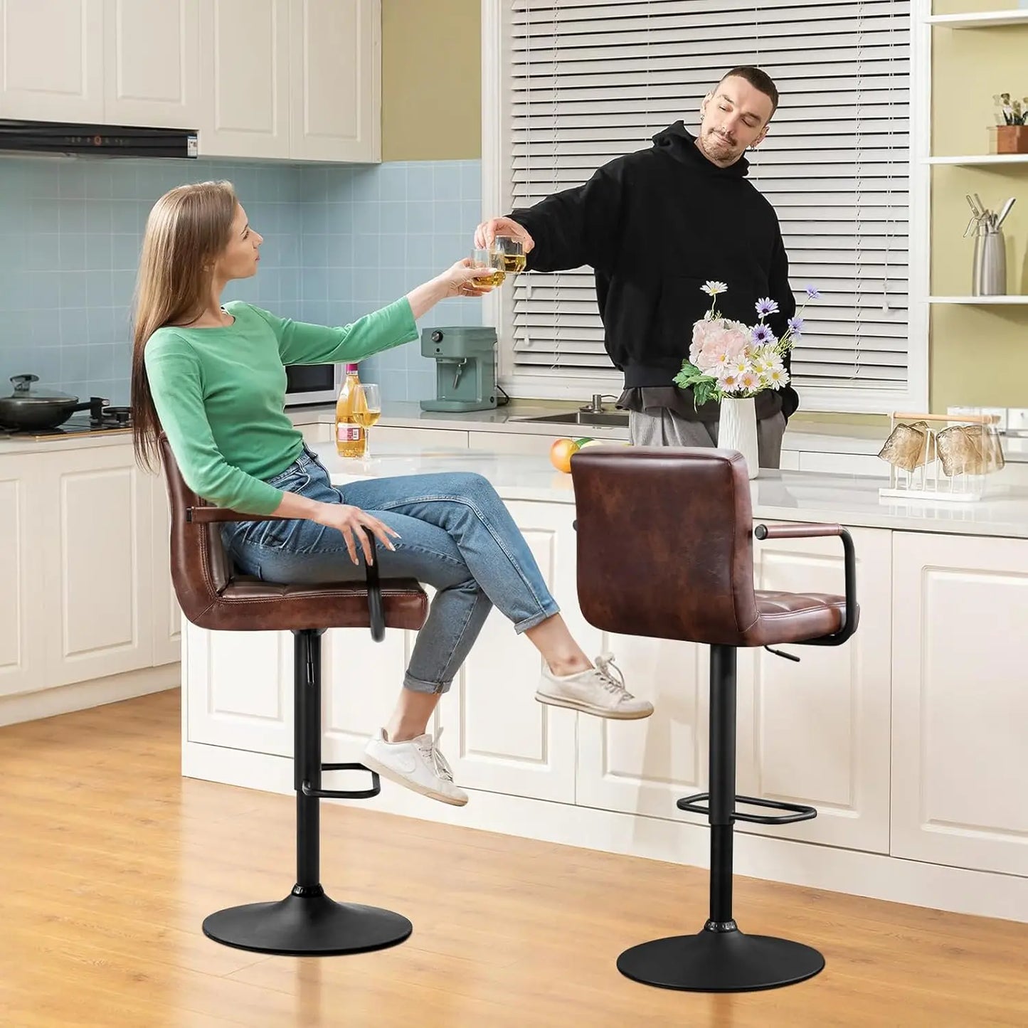 Swivel Bar Stools Set of 4, Adjustable Kitchen Counter Height BarStools with Arms, PU Leather Upholstered Bar Chair, Customized