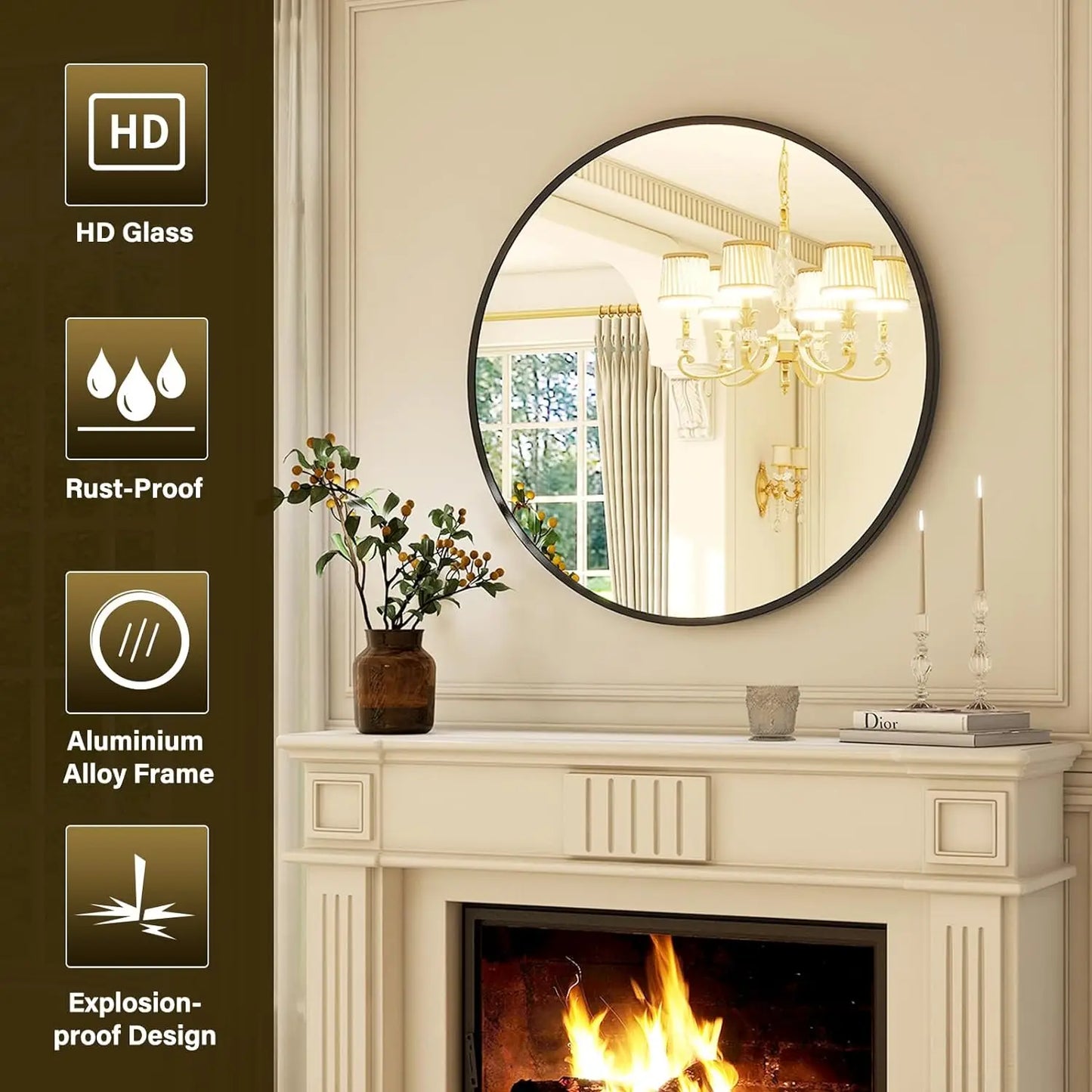 36 Inch Round Metal Wall Mirror Stylish Circle Mirror for Entryway, Bathroom, and Living Room Decor Matte Circle Wall Mirror
