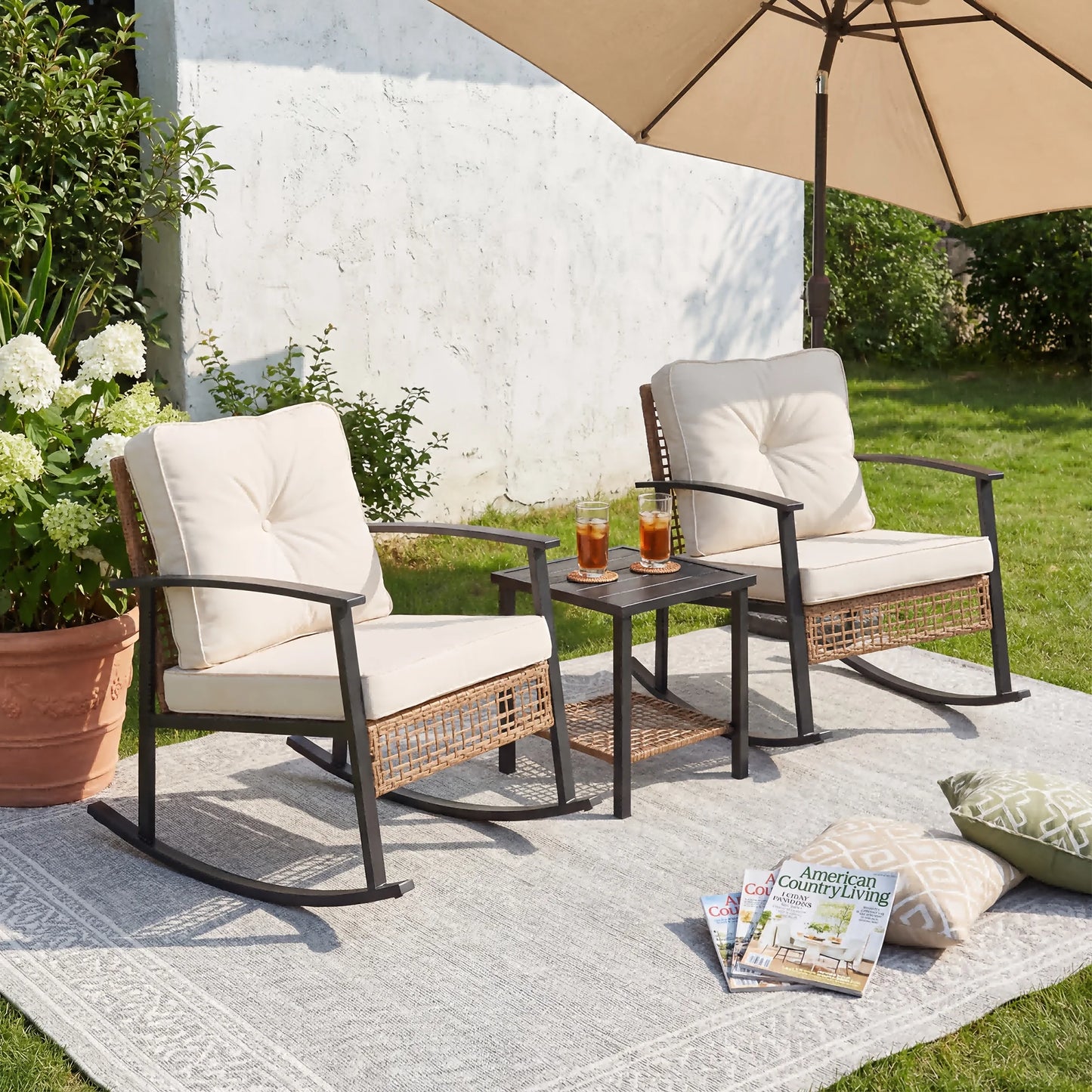 3pcs Rattan Rocking Chair Set Outdoor Patio Wicker Glider Courtyard Seating for Garden Porch Balcony Relaxation Furniture