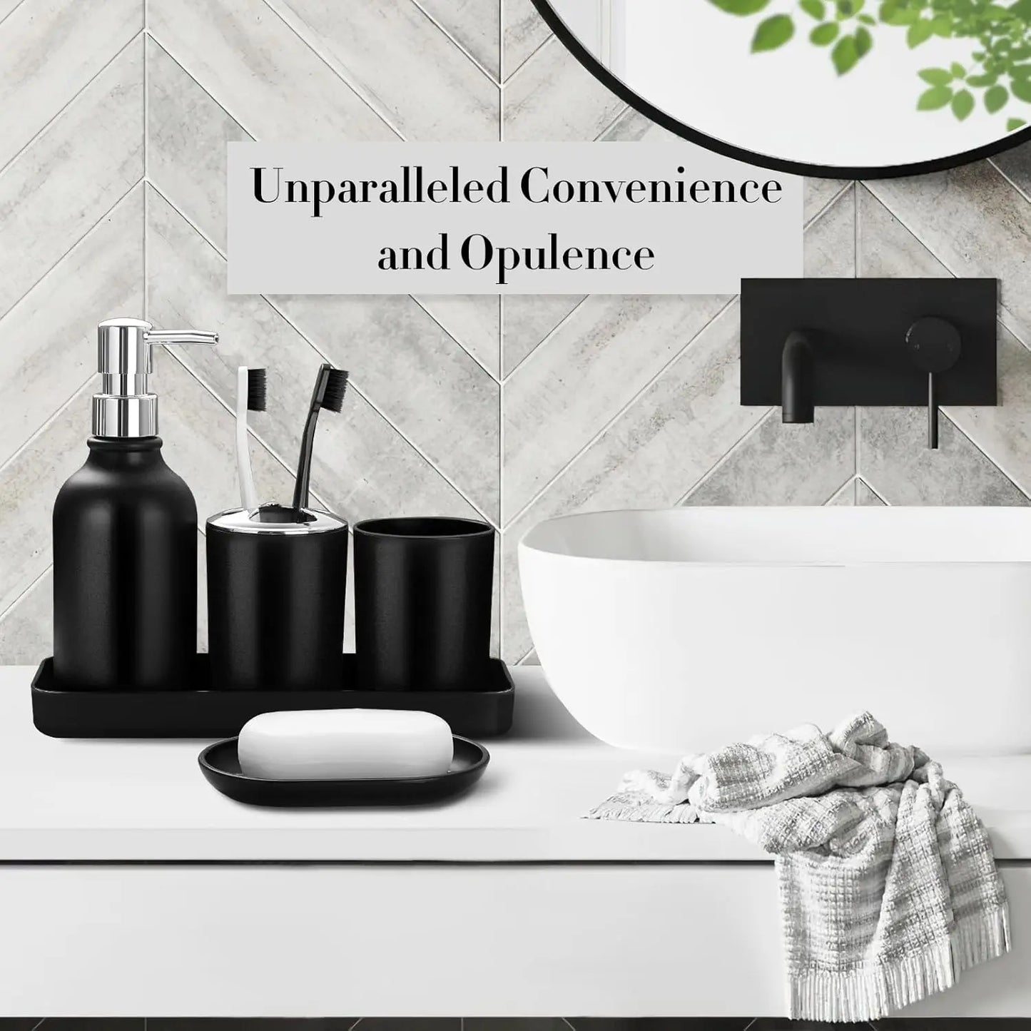 10Pcs Black Bathroom Accessory Set with Trash Can, Soap Dispenser, Toothbrush Holder, and More for Modern Home Decor