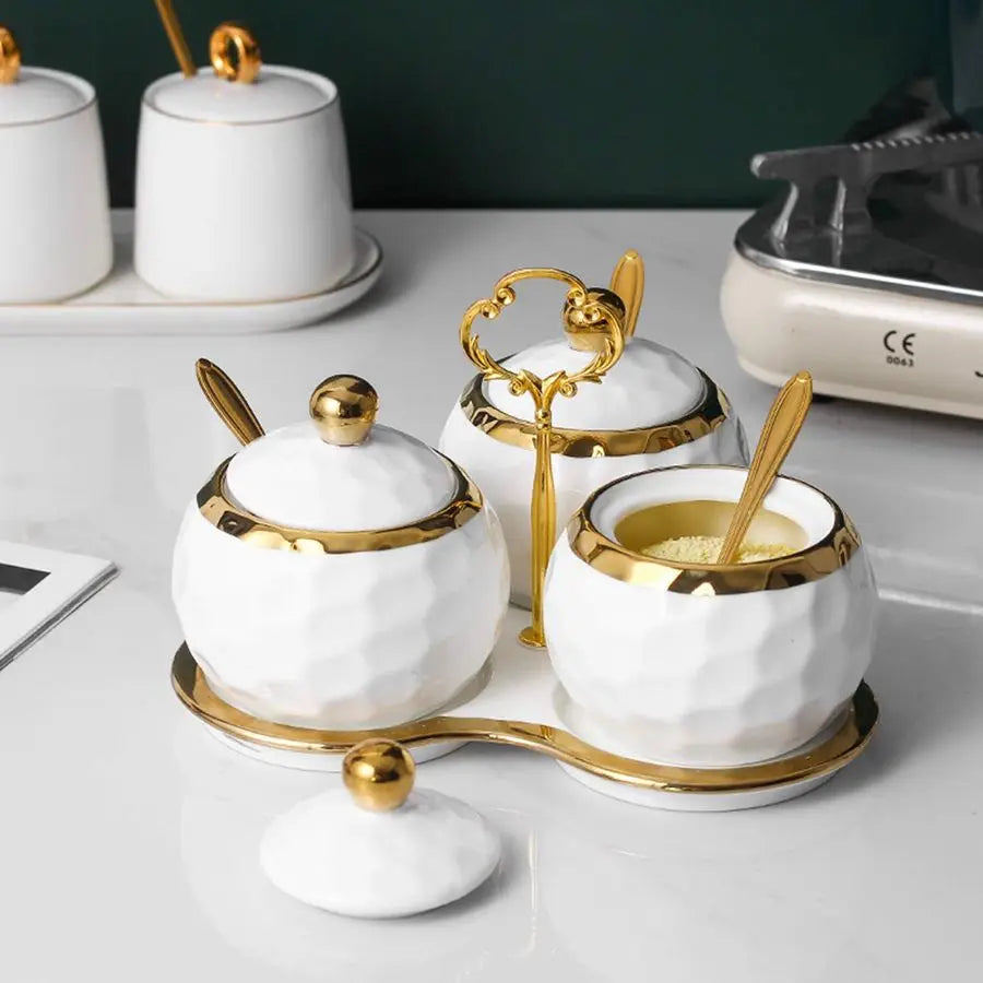 Porcelain Sugar Bowl Condiment Pot Salt Container with Lid, Spoon and Tray, Set of 3, Modern Spice Box Seasoning Jar, White and