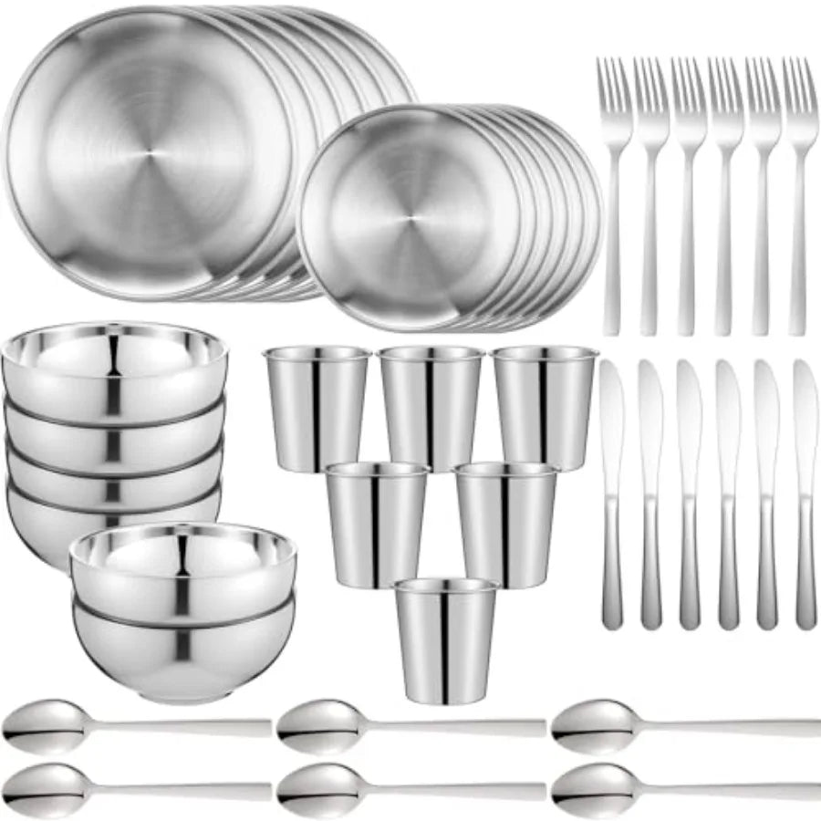 42 Pcs 304 Stainless Steel Dinnerware Set 10 Inch 7 Inch Plates Bowls Cups Forks Spoons Knives Reusable Metal Camping Outdoor P