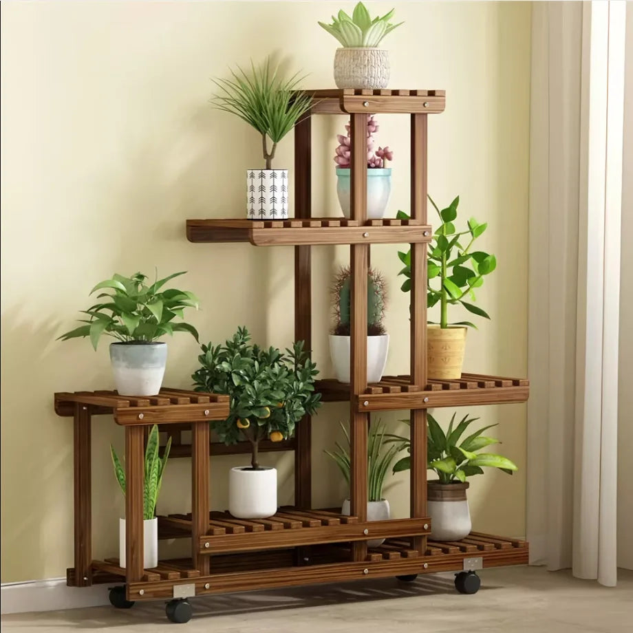 Multi-Layer Wood Plant Stand Rack Outdoor Indoor Rolling Flower Pot Holder with Wheels
