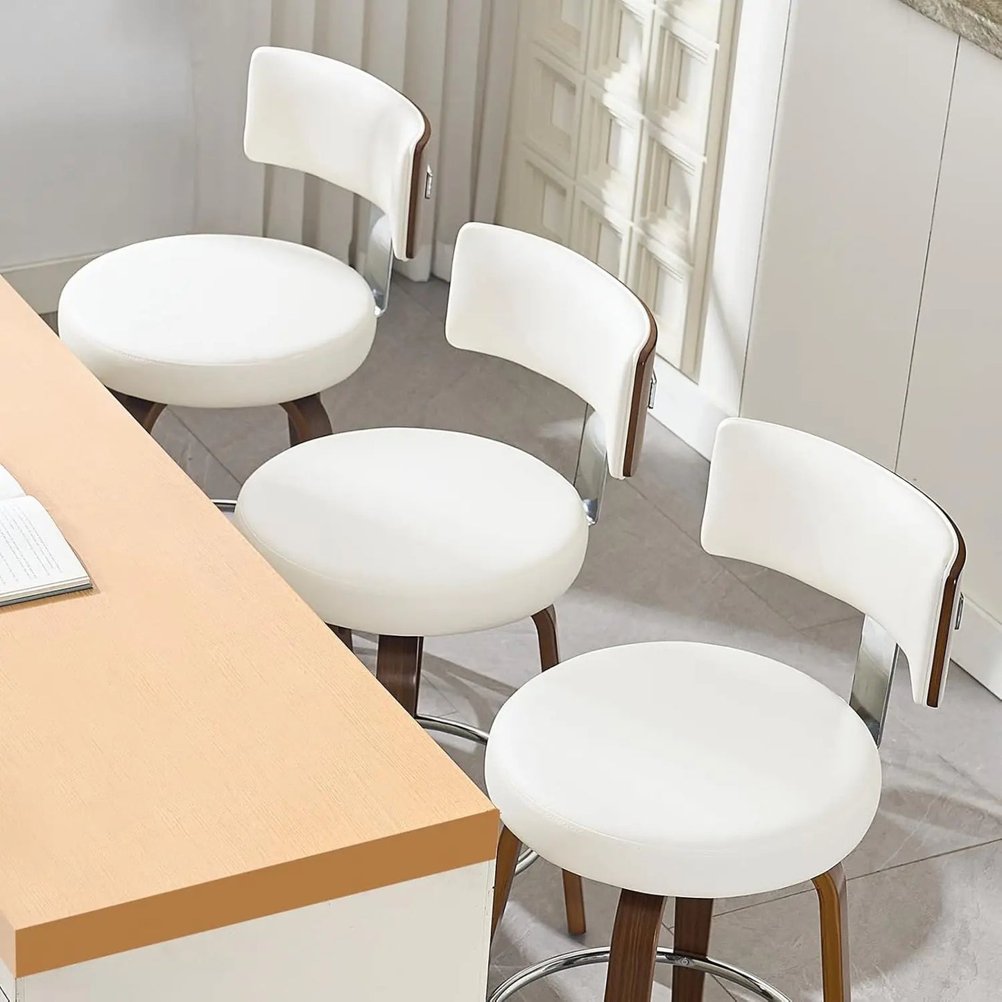 Swivel Counter Height Bar Stools Set of 4, Faux Leather Kitchen Stools Upholstered Barstools with Back, Walnut Wood, Customized