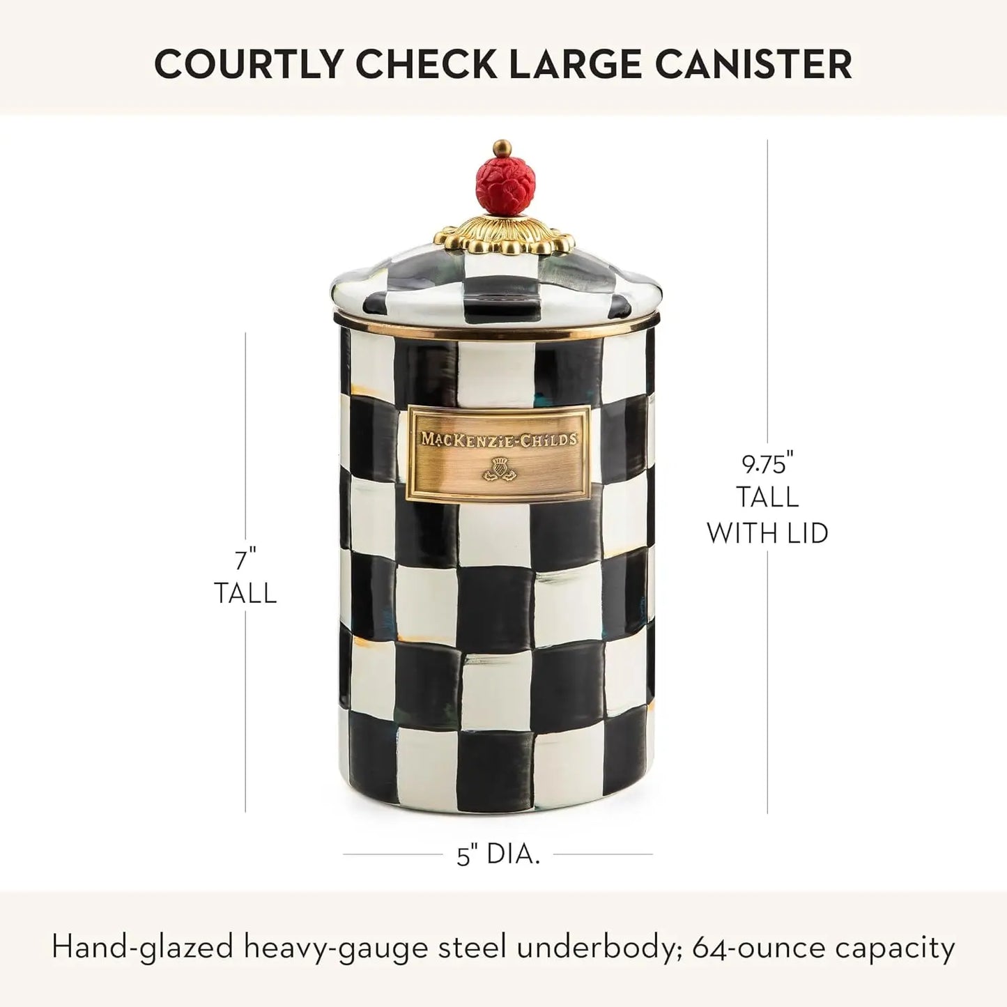 Large Enamel Canister for Kitchen Storage, 1.89L Black-White Check Design, Ideal for Flour and Sugar