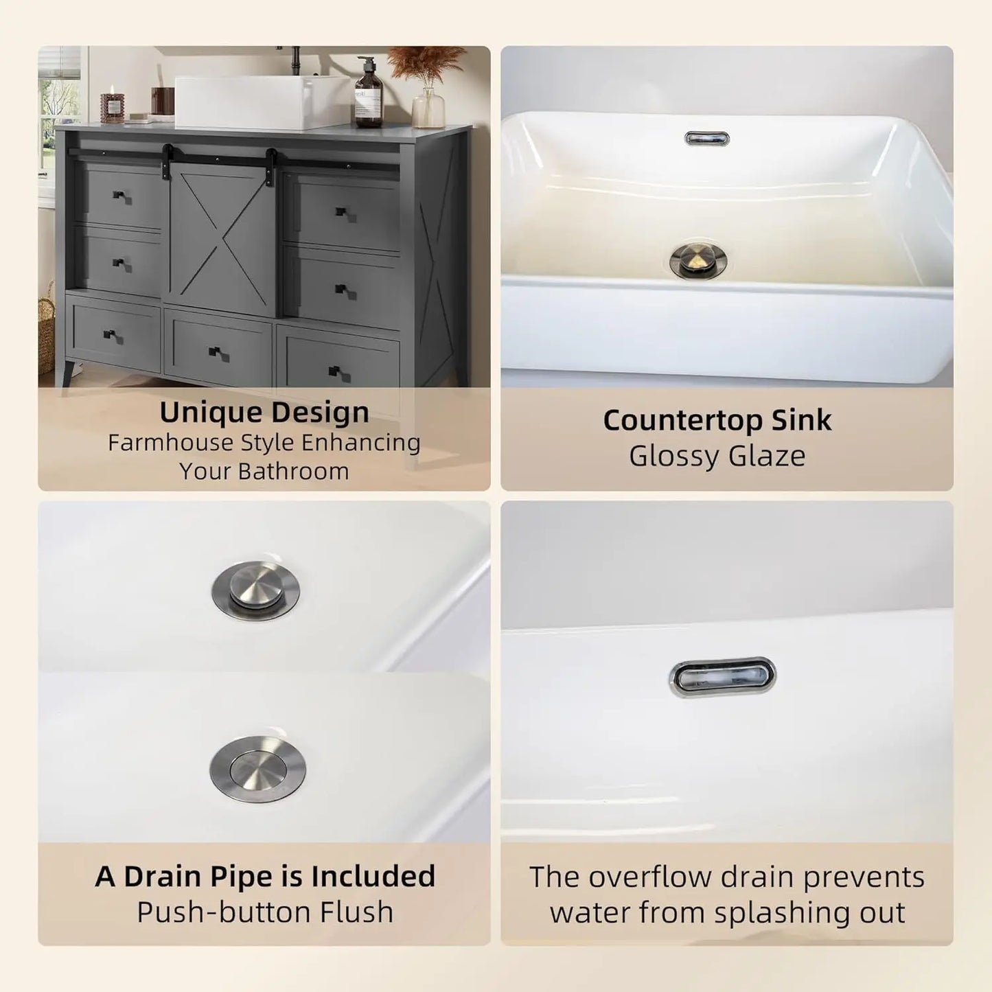 48 Inch Bathroom Vanity with Sink Ceramic, Freestanding Cabinet with Farmhouse Sliding Barn Door, Space-Saving Storage Cabinet