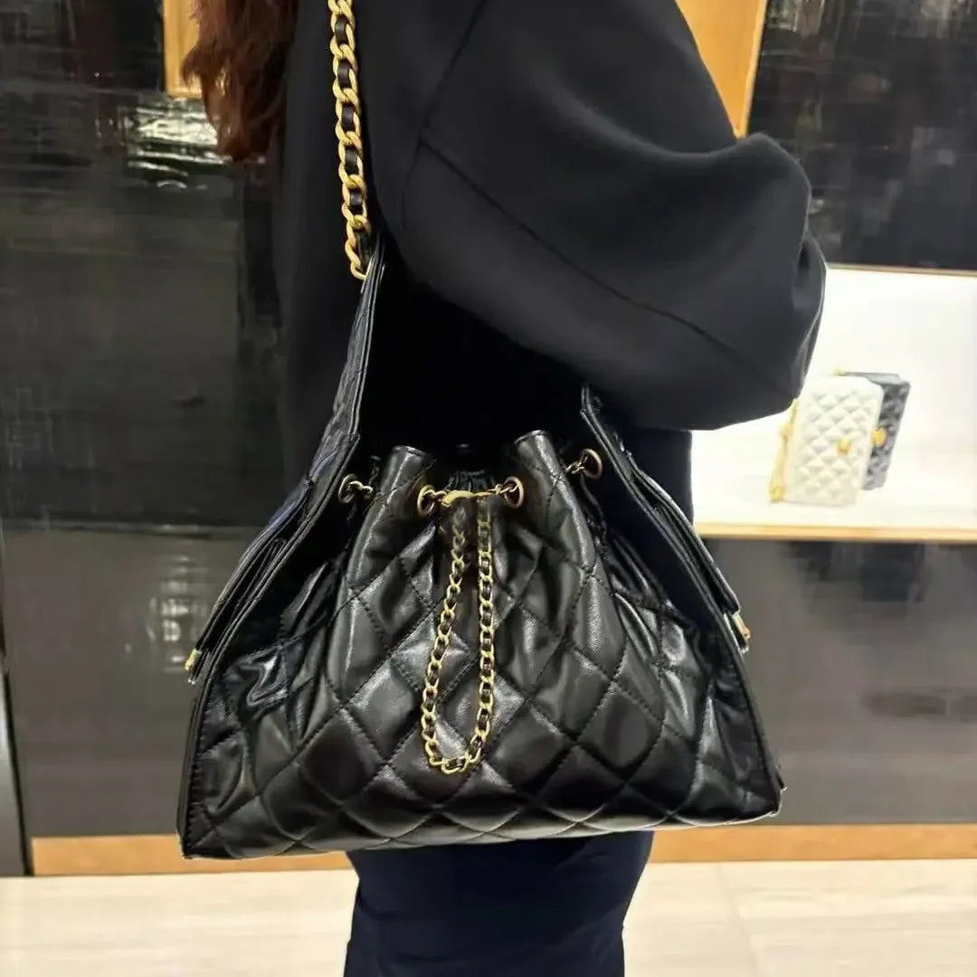 Bag 25S Hobo Shoulder bag Waxed Leather drawstring Chain Bucket Bag 25C Bag high-capacity Genuine Leather Luxury Crossbody Bag