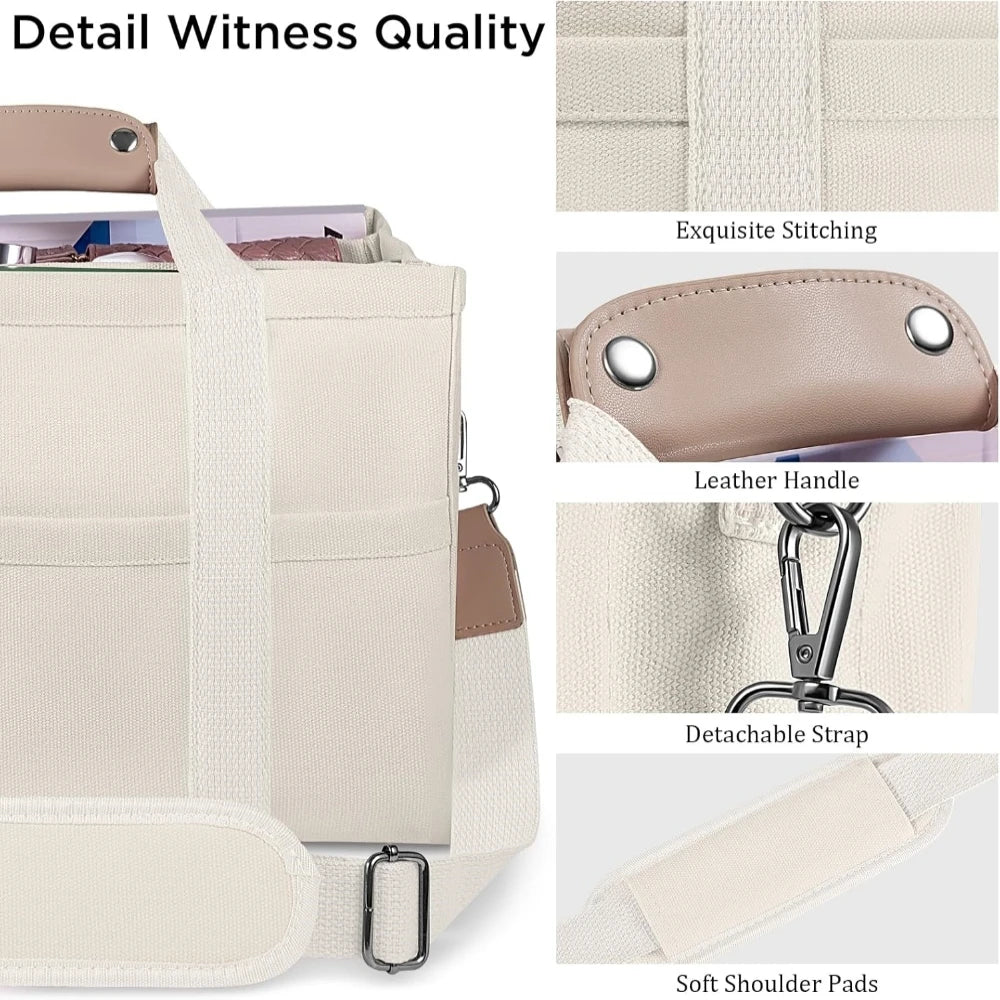 Women’s Canvas Tote Bag with Multiple Pockets, Large Capacity Shoulder Messenger Bag, Durable & Versatile for Daily - White