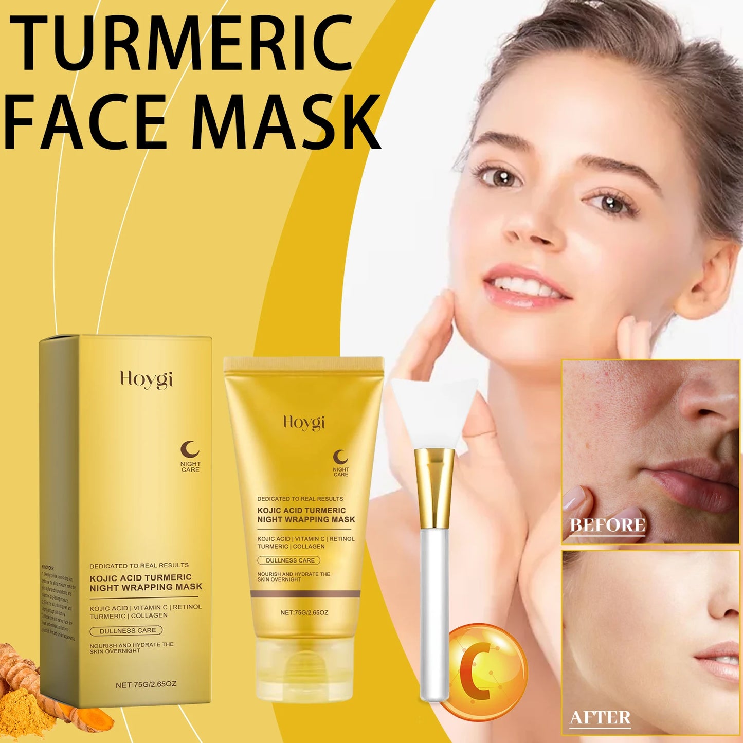 Hoygi Turmeric Face Mask Peel off Mask Wrapping Night Deep Cleansing Pores Oil Control for Brightening Rejevenation Skin Care