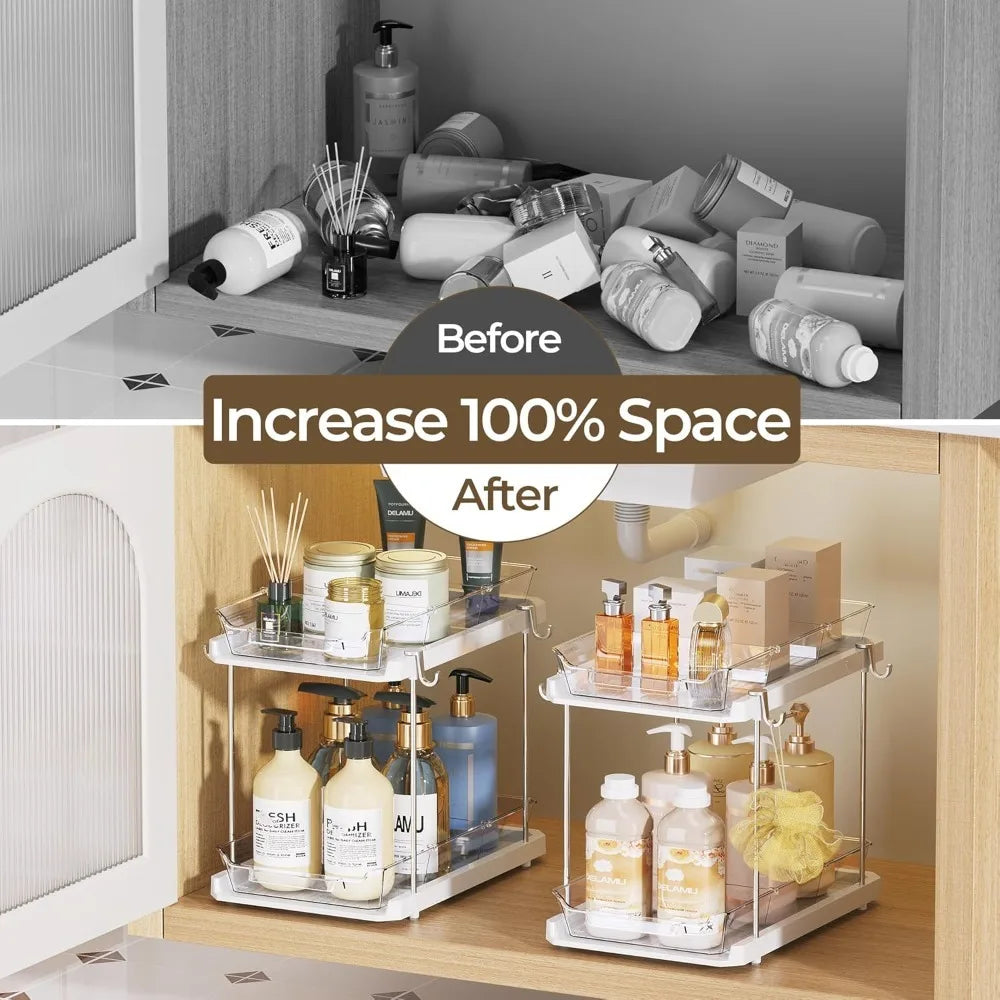 2 Tier Bathroom Under Sink Organizers and Storage with Hook, Multi-Purpose Cabinet Drawers with Movable Dividers, Pull Out Organ