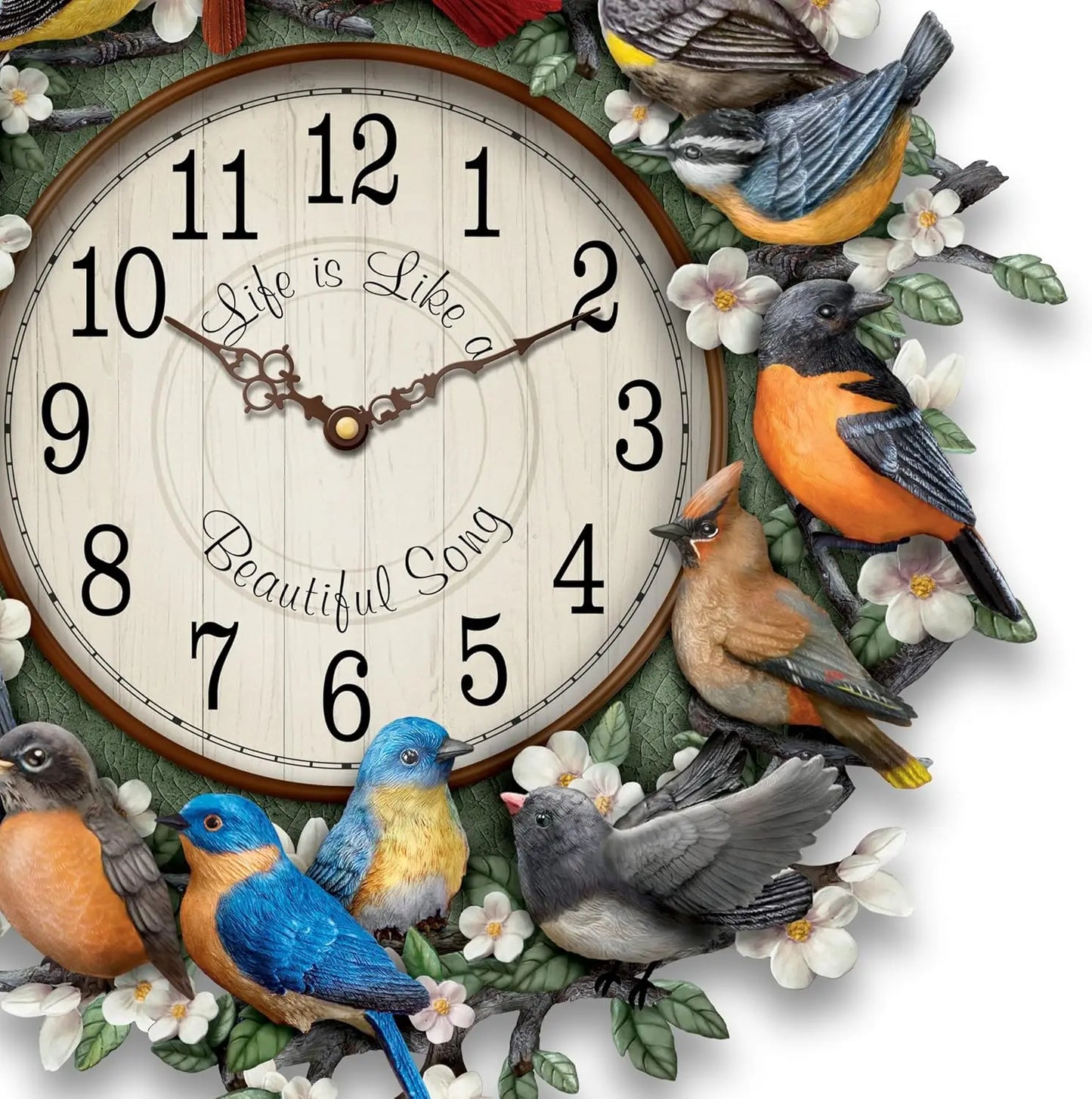 Songbird Melodies Sculptural Wall Clock Featuring 12 Hand-Painted Bird Species That Mark The Hours On A Wooden-Framed Face with