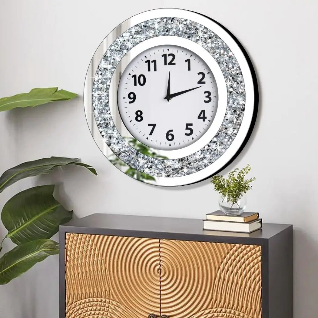 16x16 Inch Silver Crystal Diamond Mirror Wall Clock, Silent Quartz Movement, Modern Home Decor