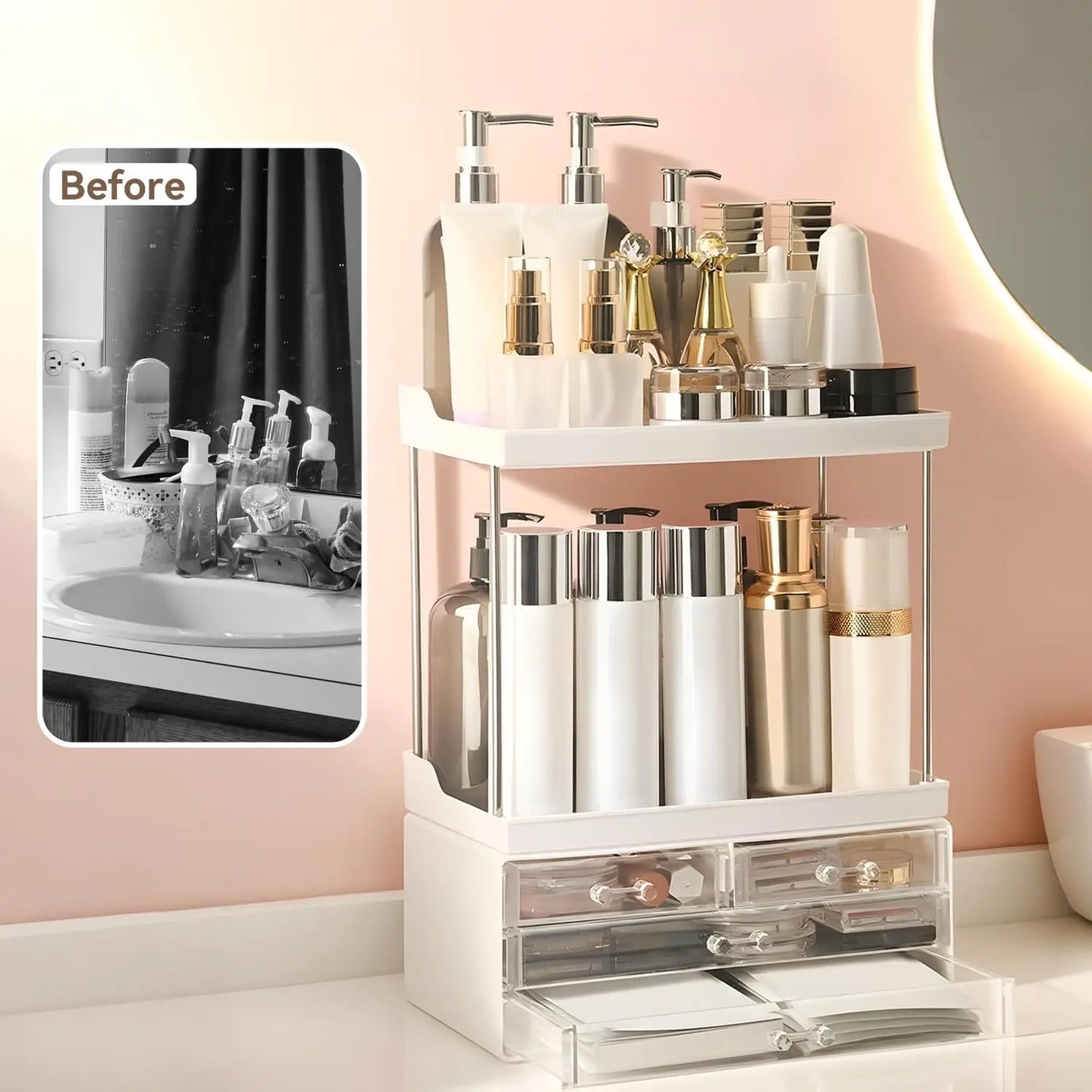 Bathroom Organizers and Storage, 5-Tier 4-Drawer Makeup Organizer Countertop, Large Vanity Organizer for Cosmetics, Skincare &